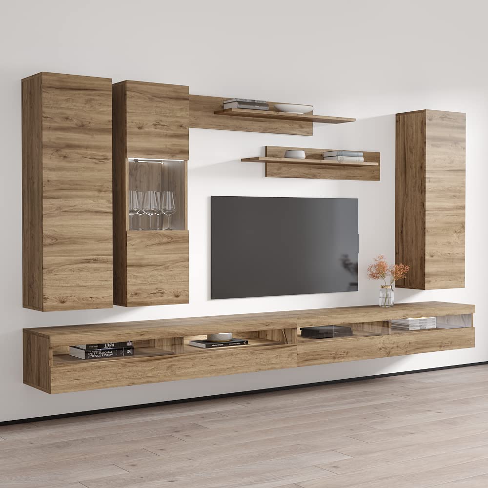 Modern Floating TV Stand with Storage & LED Lights - Wall-Mounted Entertainment Center for Bedroom & Living Room - Oak Wood TV Console with Shelves (Perfect for Small Spaces & Home Theater Setup)