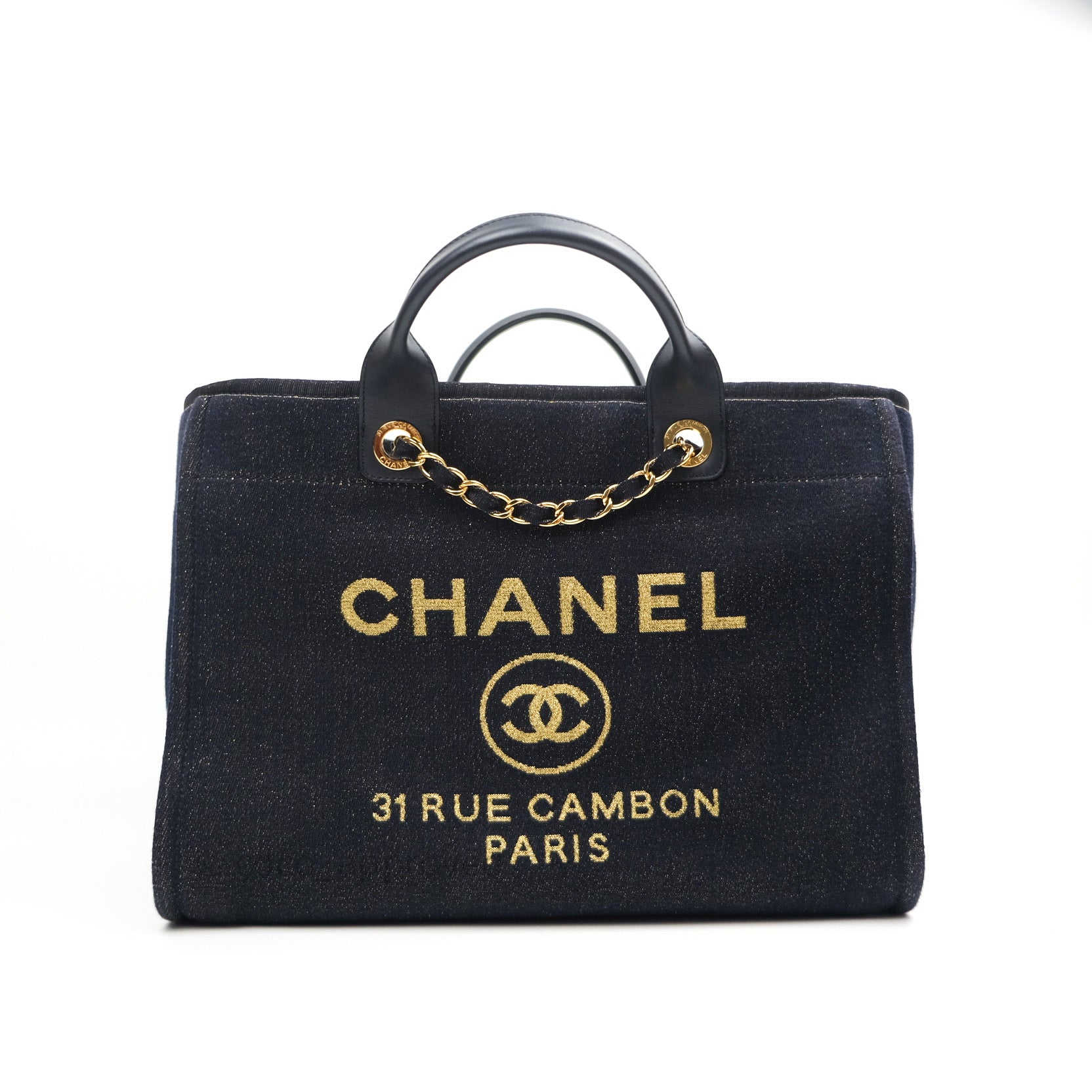 Chanel Navy Blue Glitter Gold Logo Canvas Large Deauville Tote Bag 19B - Luxury Designer Handbag for Women, Perfect for Travel, Shopping & Everyday Use