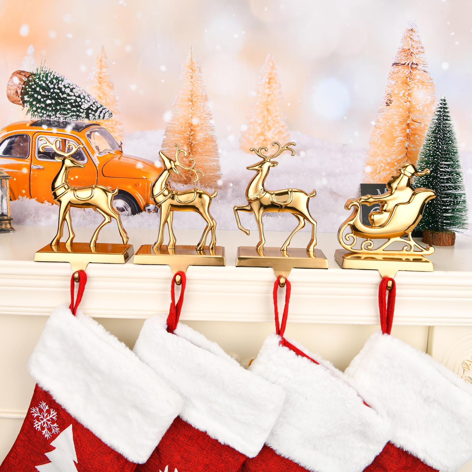 Reindeer Christmas Stocking Hangers for Mantel - Set of 4 Antique Gold Fireplace Stocking Holders, Xmas Mantel Hooks for Hanging Stockings & Ornaments - Perfect for Holiday Decor & Festive Fireplace Displays