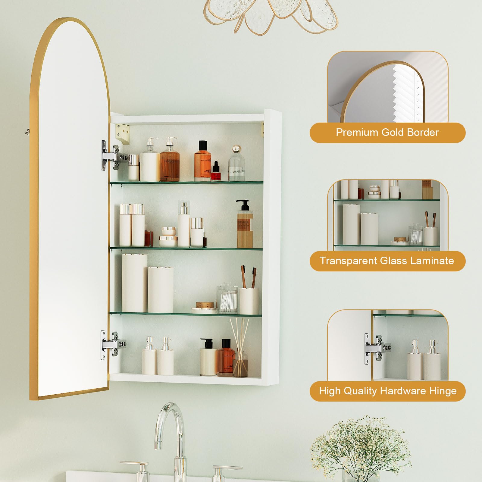 Arched Medicine Cabinet with Mirror - 3 Adjustable Shelves, Wall Mounted Bathroom Storage (16x31 Inch) - Perfect for Small Bathrooms, Vanities & Powder Rooms