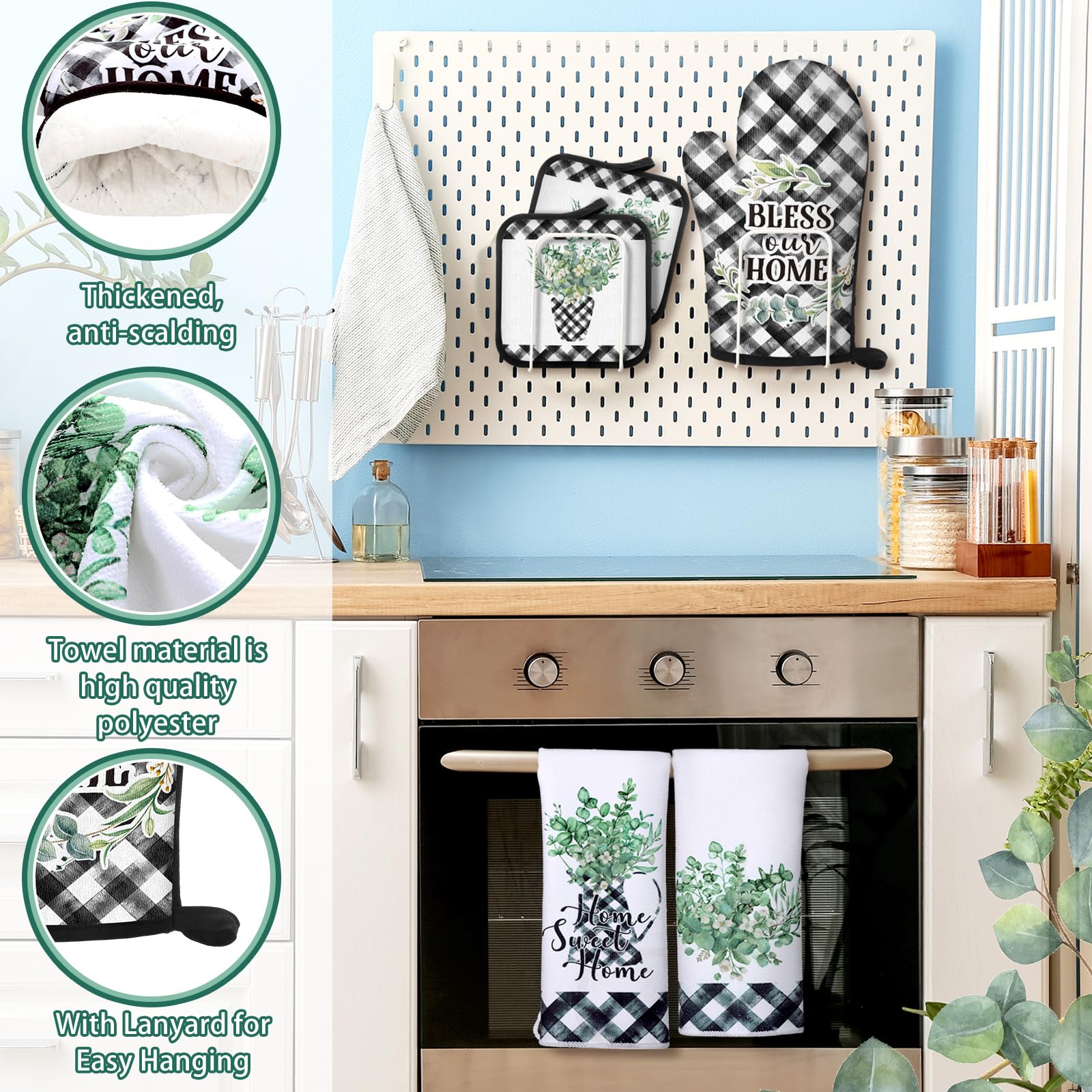 5-Piece Buffalo Plaid Oven Mitt Set - 2 Farmhouse Kitchen Towels, 2 Heat Resistant Potholders & 1 Microwave Glove for Baking, Cooking & Kitchen Decor (Eucalyptus Green) - Perfect for Holiday Cooking, BBQ & Farmhouse Style Kitchens