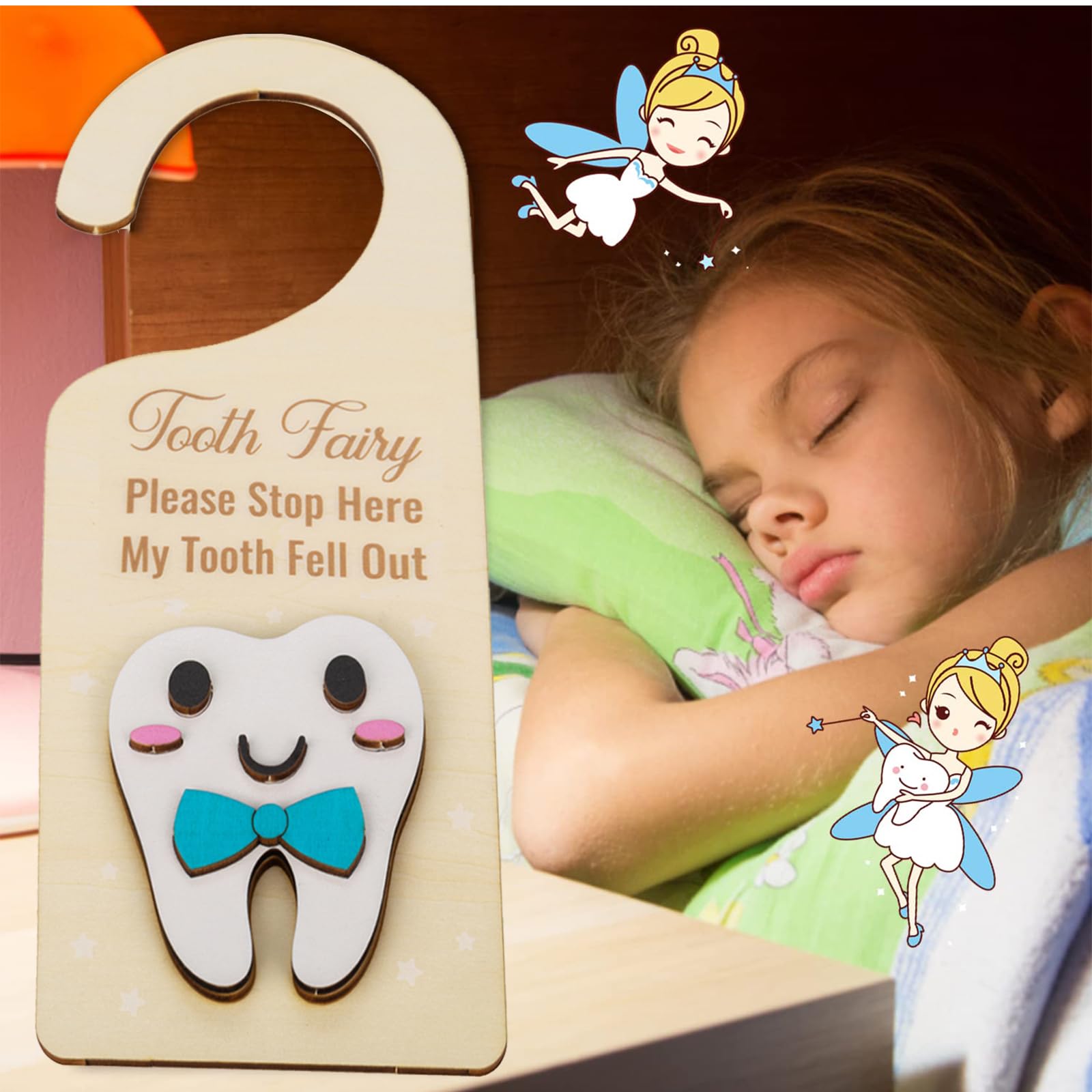 2PCS Tooth Fairy Door Hanger with Money Holder - 3D Wooden Tooth Keepsake Box & Lost Teeth Pouch for Kids - Perfect for First Tooth Celebration, Bedtime Tooth Exchange, and Encouraging Dental Hygiene in Boys & Girls