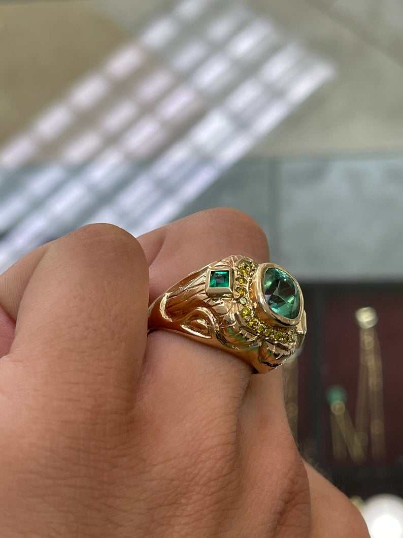 4.18tcw 14K Gold Colombian Emerald Cushion Cut & Princess Cut Yellow Diamond Accent Men's Ring for Wedding, Engagement & Special Occasions