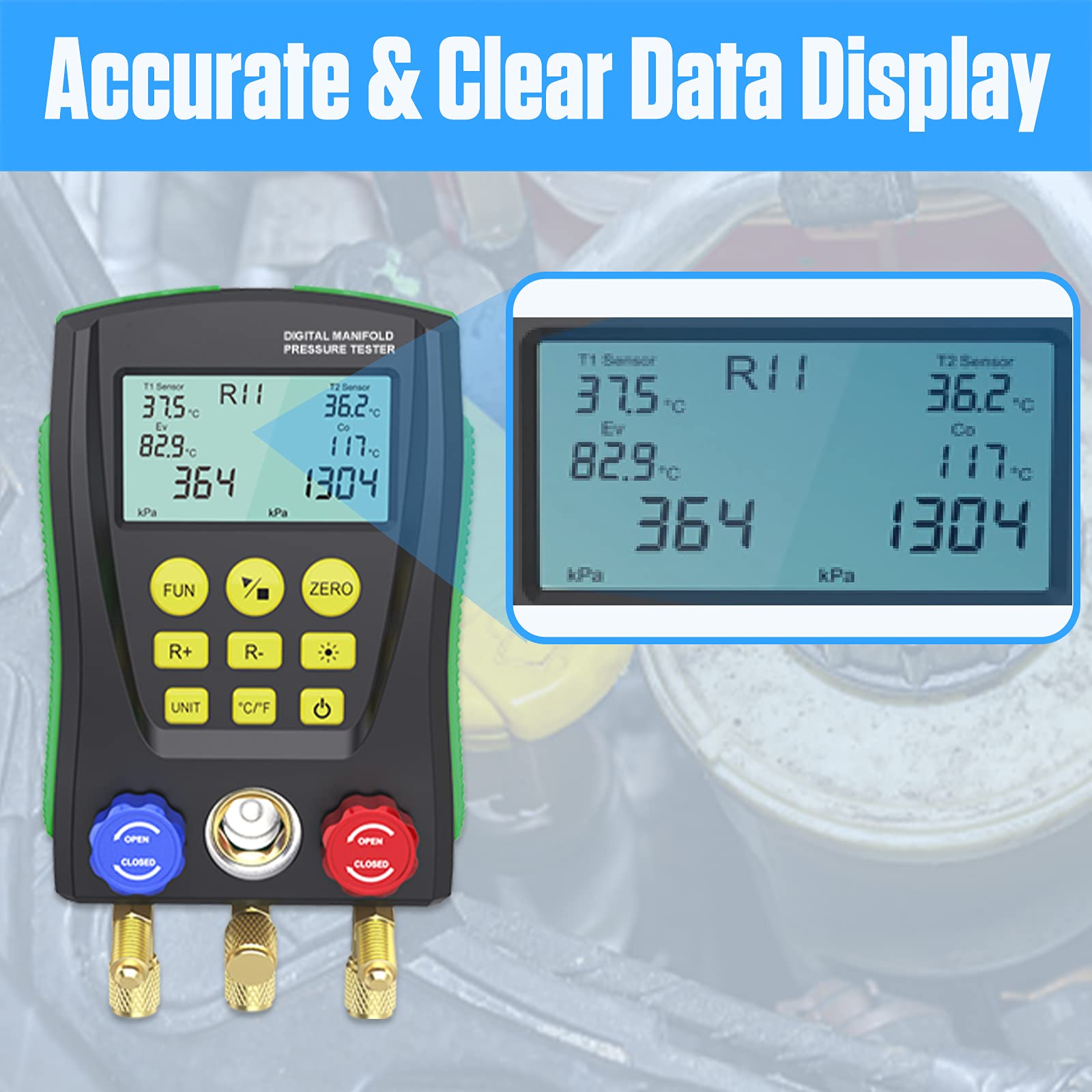 PLAYOCCAR Digital HVAC Manifold Gauge Set - Refrigeration Vacuum Pressure Temperature Diagnostic Tester Kit for AC & Refrigerator Maintenance | Professional HVAC Tools for Air Conditioner Repair & Refrigerant Charging