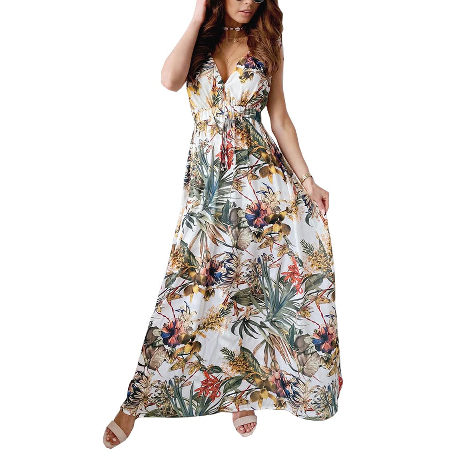 Bohemian Floral Print Women's Maxi Dress - Deep V-Neck Sleeveless Long Summer Dress for Beach, Vacation & Casual Wear | Hnyenmcko