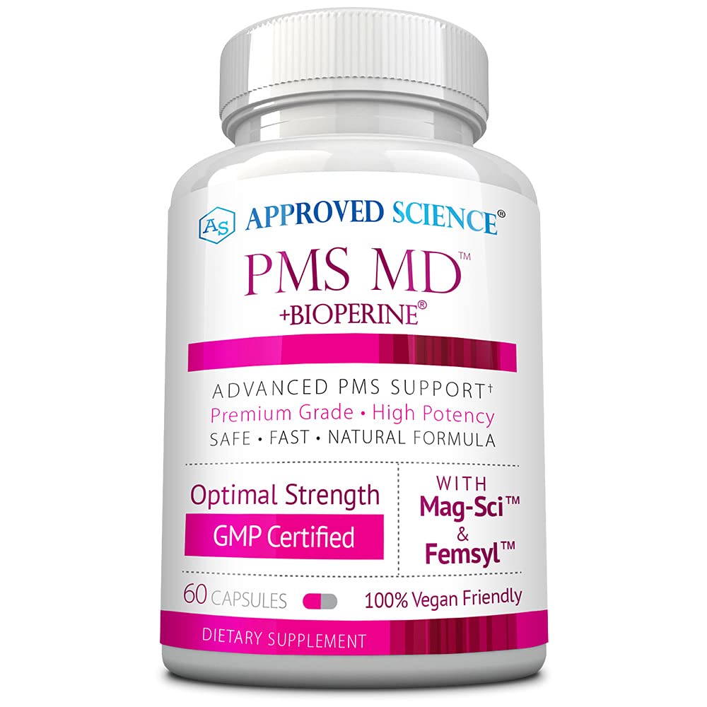 Approved Science PMS MD - Natural PMS Relief Supplement with Calcium, B Vitamins & BioPerine - 60 Vegan Capsules (1 Month Supply) - Supports Hormonal Balance & Mood for Women