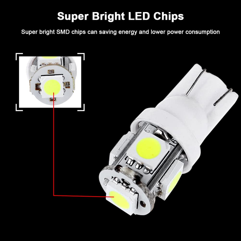 10-Pack T10 5-5050-SMD PC194 LED Bulbs - White Instrument Panel Cluster Dash Lights with Twist Lock Socket - Perfect for Car Dashboard, Motorcycle Gauges & Marine Instrument Lighting