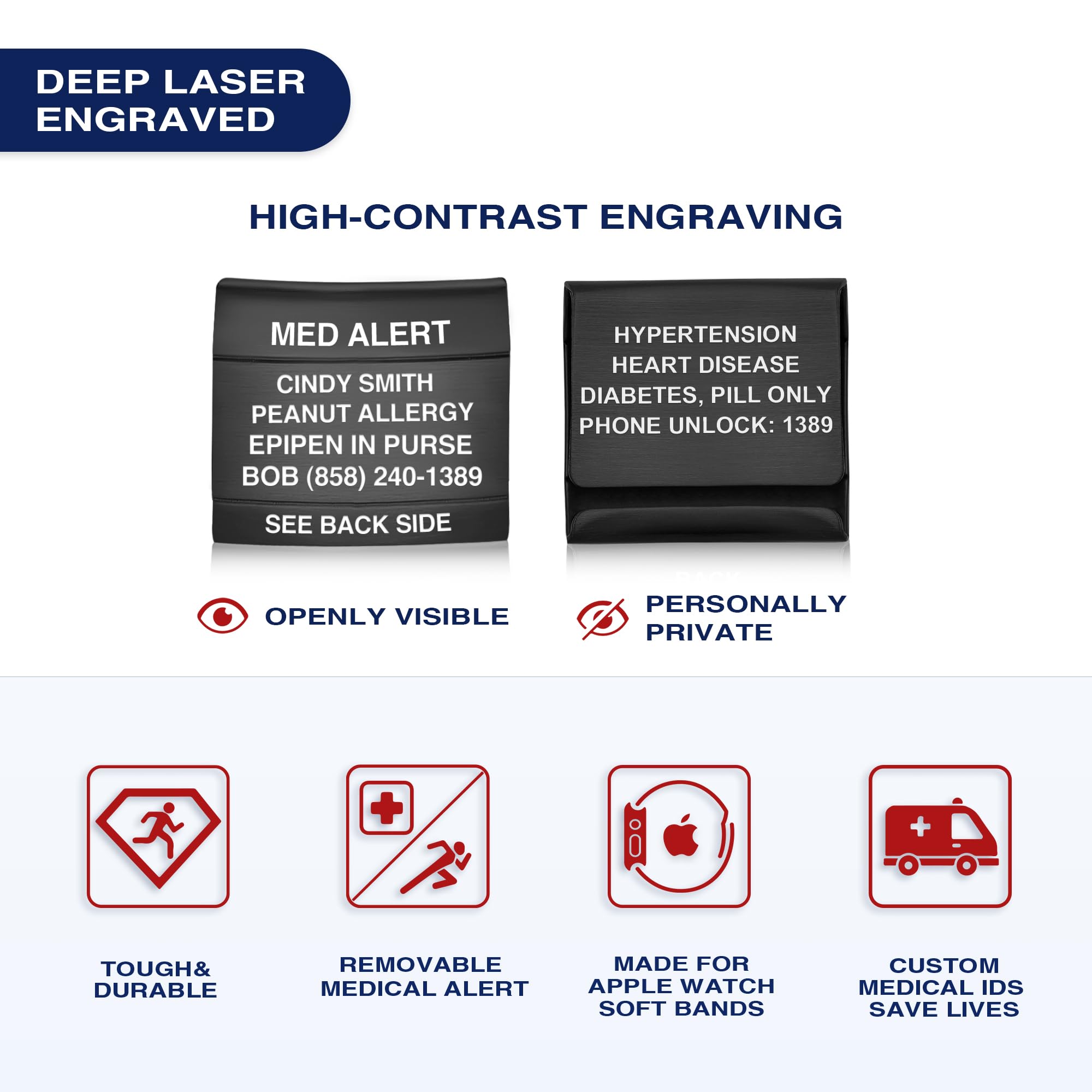 Divoti Dual-Sided Engraved Medical Alert ID Tag for Apple Watch Series 1-9 & SE - PVD Black Stainless Steel with Custom Text & Symbol - Perfect for Emergency Contact Info & Health Alerts