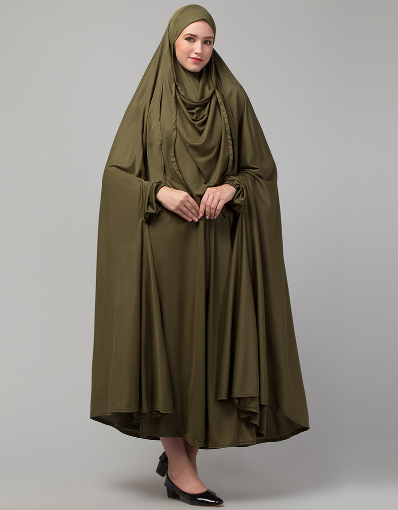 Chic Olive Extra Nose Piece Head to Toe Free Size Jilbab Prayer Hijab - Perfect for Hajj, Umrah & Daily Islamic Worship