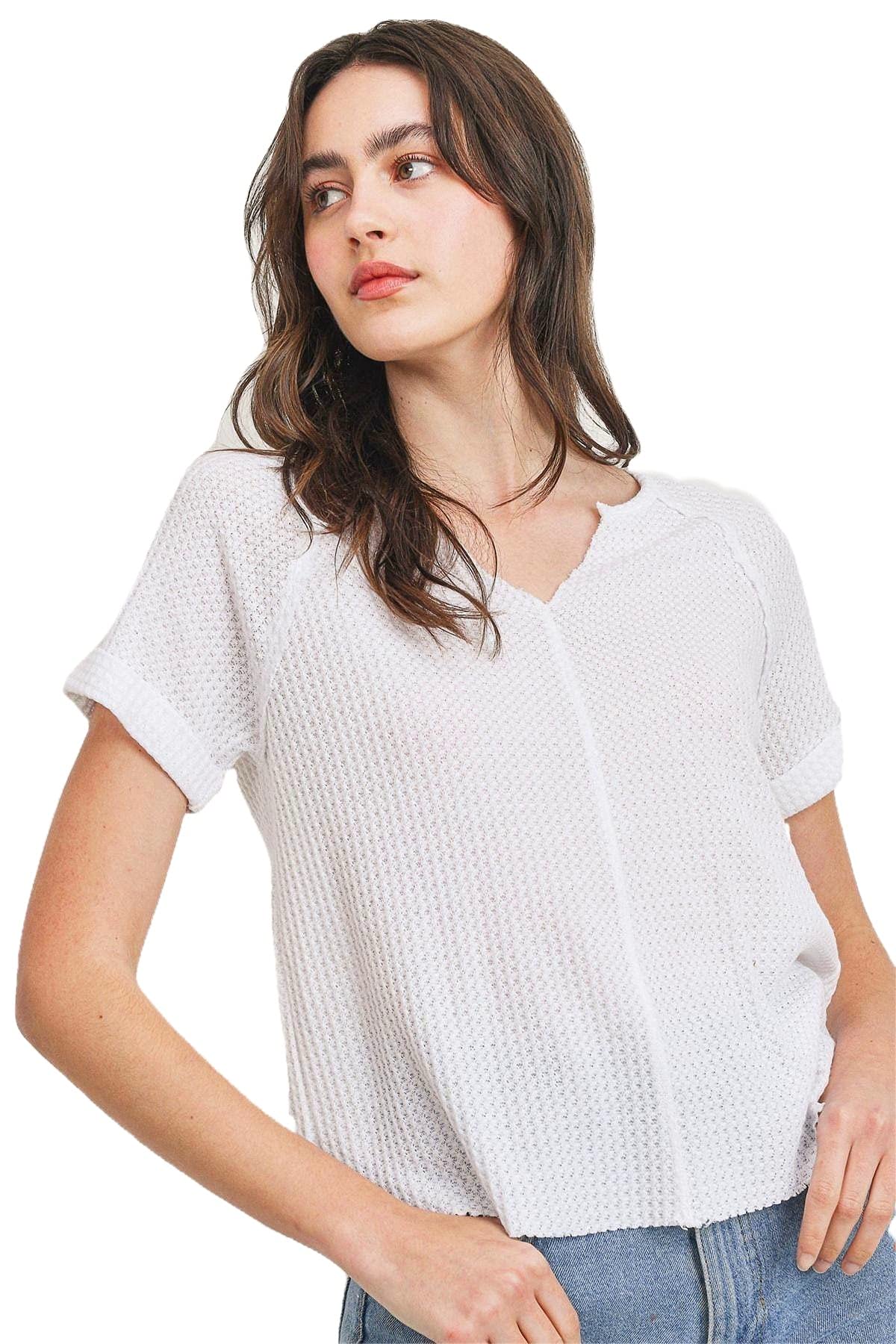 Trendy Waffle Raw Edge V-Neck Rolled Up Short Sleeve Tops for Women | Casual Summer T-Shirts | Perfect for Beach Outings, Date Nights & Weekend Wear