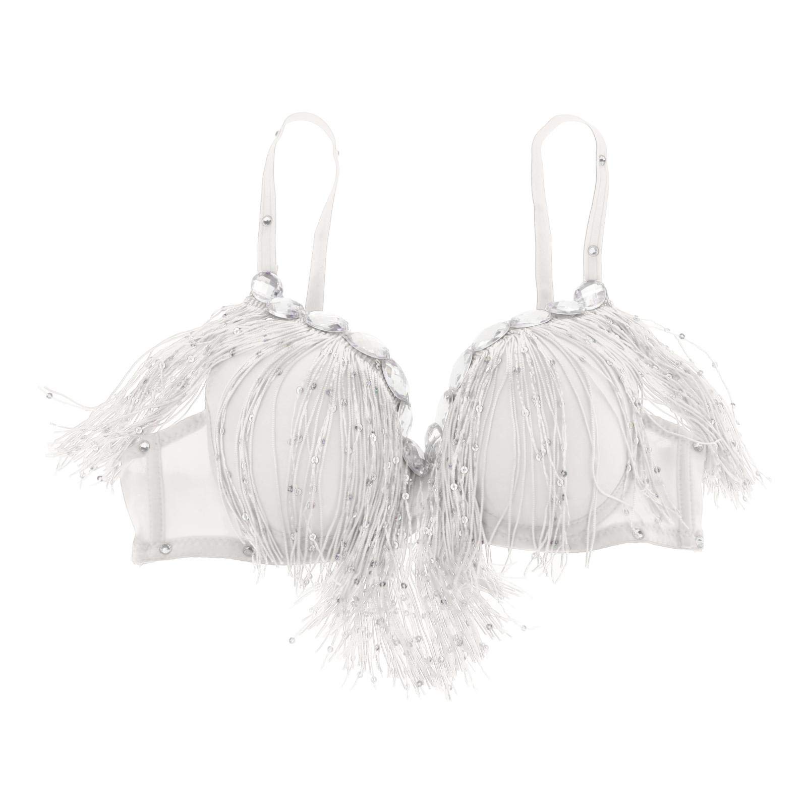 Colcolo Tribal Glitter Belly Dance Bra - Rhinestone Sequined Tassel Top for Women (White) | Perfect for Belly Dancing, Costume Parties & Performances