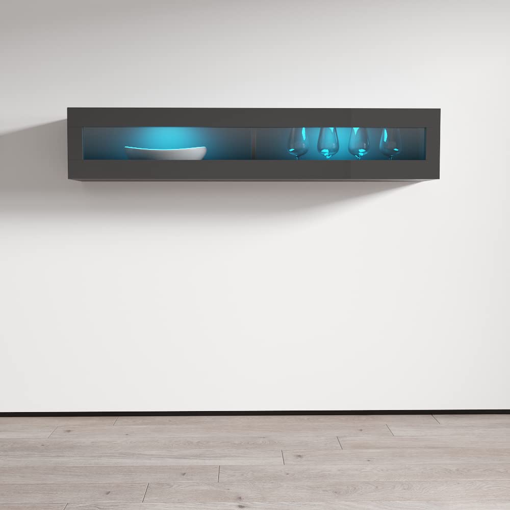 Modern Floating Media Cabinet - Rectangular Hanging TV Stand with LED Lights & High Gloss Finish | Durable Wooden Wall-Mounted Storage Unit for Living Room, Bedroom & Home Theater (Gray)