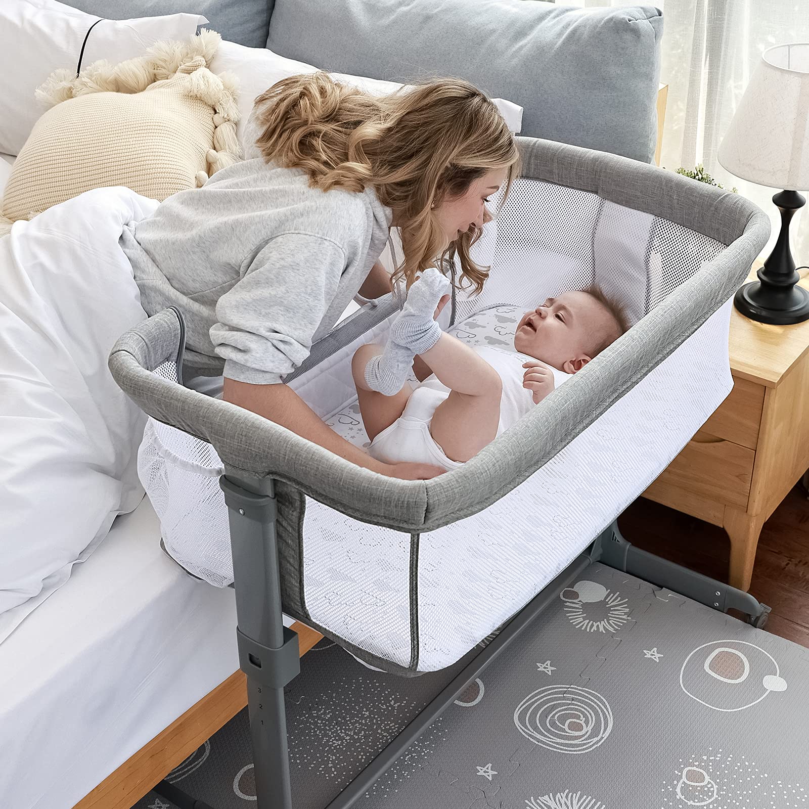 TCBunny 2-in-1 Baby Bassinet & Bedside Sleeper - Adjustable Portable Crib for Newborns & Infants, Grey | Safe Co-Sleeping Solution for Nursery & Travel | Mosquito Net Not Included | Perfect for Bedroom, Living Room & On-the-Go Parents