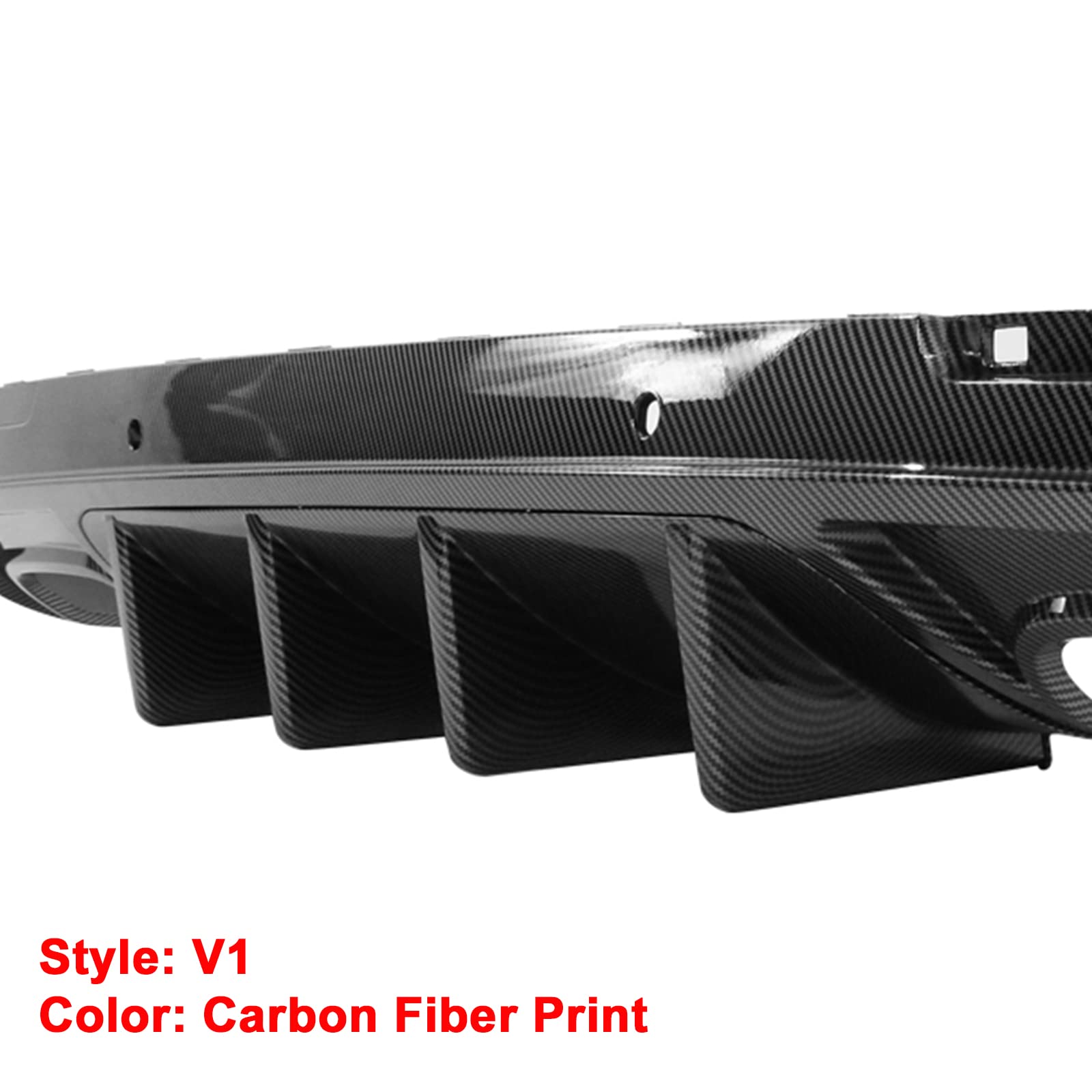 IKON MOTORSPORTS Rear Diffuser for 2015-2023 Dodge Challenger | V1 Style Carbon Fiber Print PP Rear Bumper Lip Spoiler with Shark Fins | Upgrade Your Ride for Street Racing & Car Shows