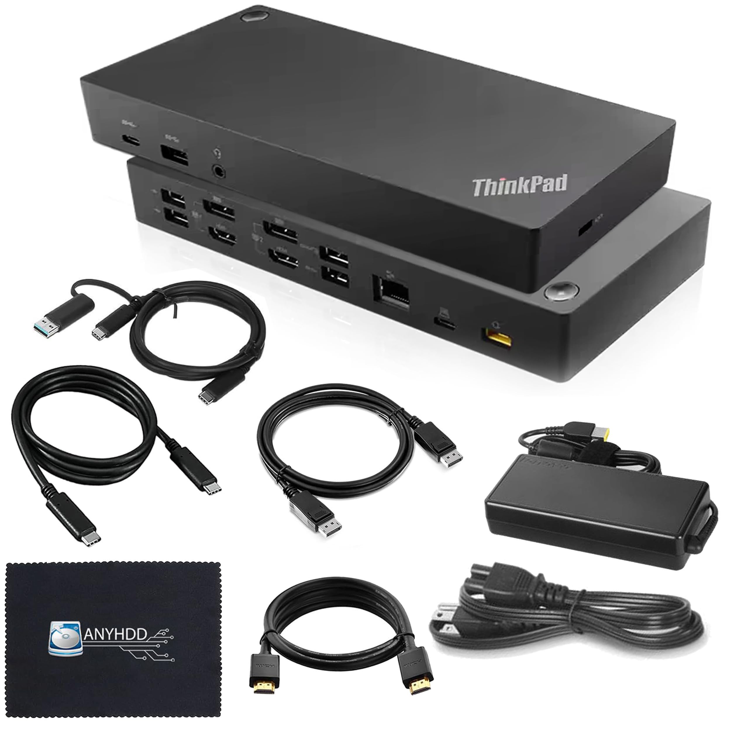 Lenovo ThinkPad 40AF0135US USB-C Docking Station with Dual Monitor Support - Includes USB-A Adapter, HDMI Cable, DisplayPort Cable, USB-C Cable & Microfiber Cloth - Perfect for Home Office & Remote Work Setup