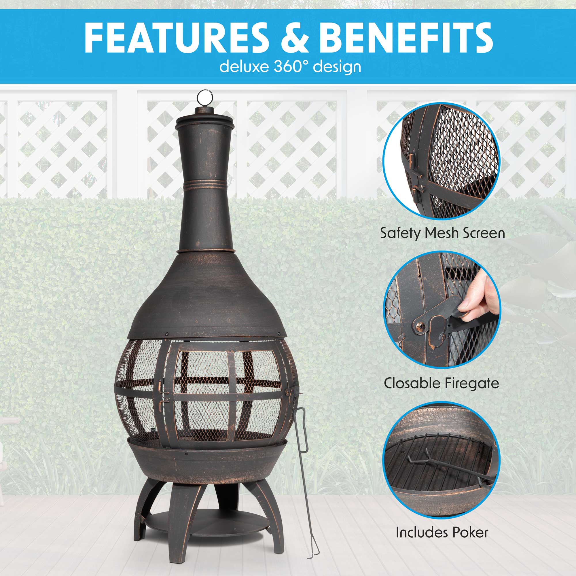 Premium 360° Chiminea Outdoor Fire Pit with Antique Bronze Finish - Includes Fire Poker & Weatherproof Cover (DG241) - Perfect for Patio, Garden, and Backyard Gatherings