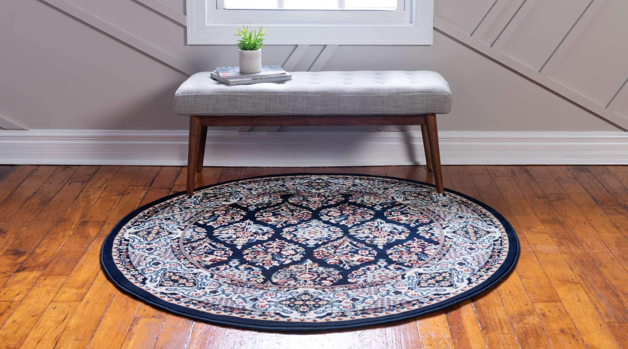 Unique Loom Narenj Collection Classic Traditional Textured Repeat Design 10' Round Area Rug in Navy Blue & Beige - Perfect for Living Room, Bedroom, or Dining Room Decor