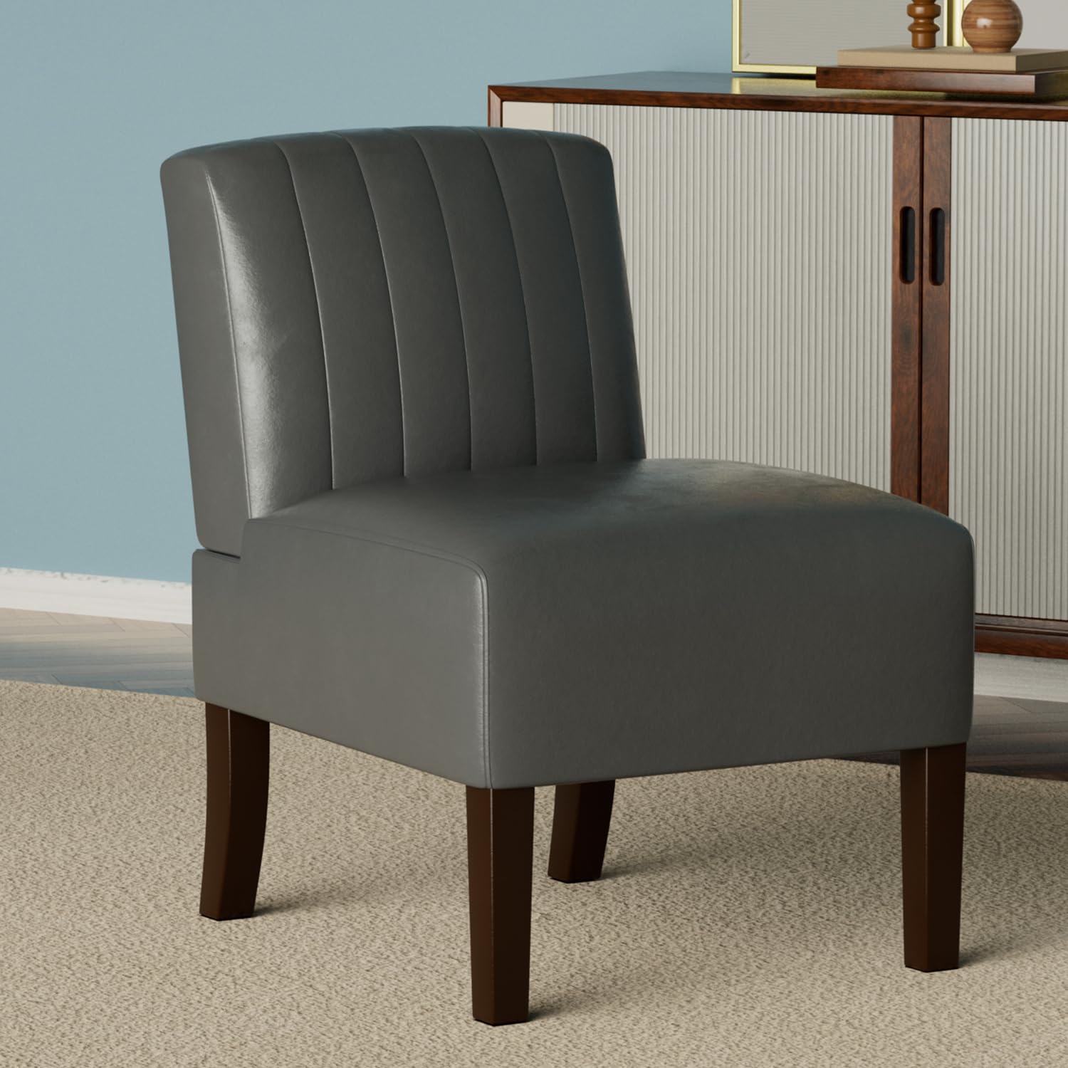 Armless Accent Chairs - Modern Upholstered Dining & Living Room Chairs with Solid Wood Legs - Genuine Leather Reading Chair for Adults - Comfortable Bedroom, Vanity & Kitchen Seating (Asphalt Black) - Perfect for Small Spaces, Home Office & Cozy Reading Nooks