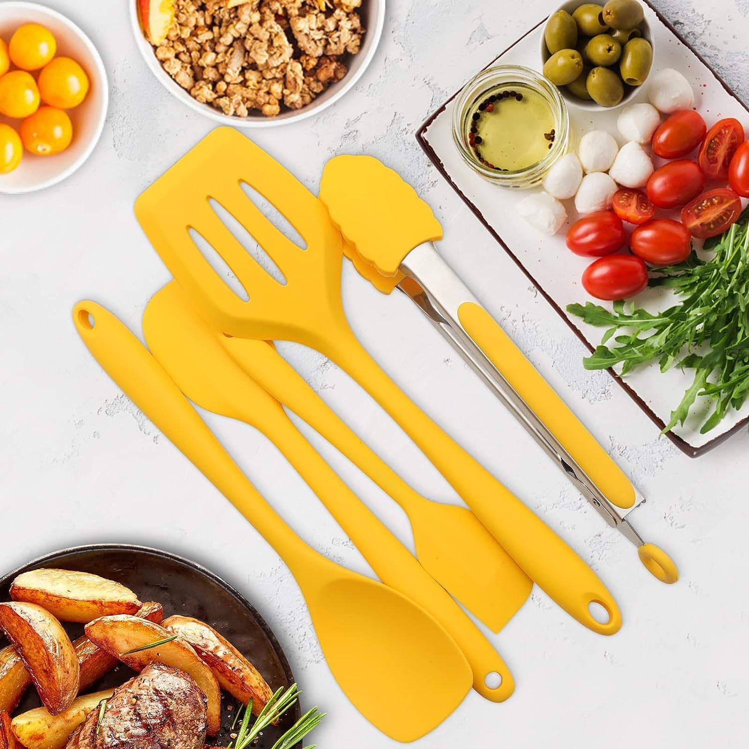 11-Piece Non-Stick Silicone Kitchen Utensil Set with Iron Holder - Yellow Cooking Tools for Baking, Frying & Grilling - Perfect Gift for Home Chefs & Cooking Enthusiasts