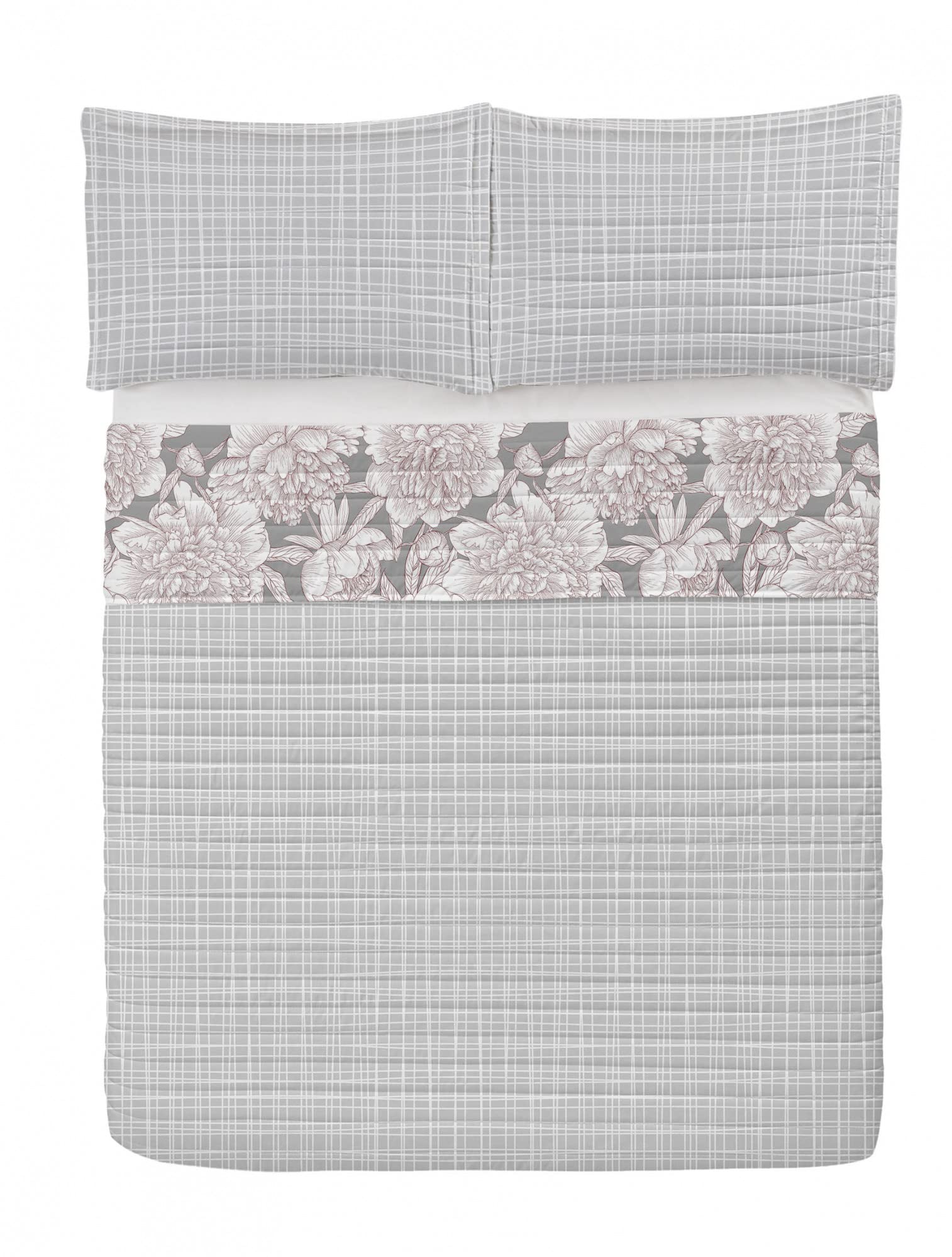 Ambesonne Floral Reversible Queen Size Bedspread Set - Hand Drawn Rose, Chamomile & Peonies Design, Microfiber Comforter with Pillow Shams, Taupe Grey | Earthy Botanical Bedroom Decor for Master Bedroom, Guest Room & Cozy Farmhouse Style