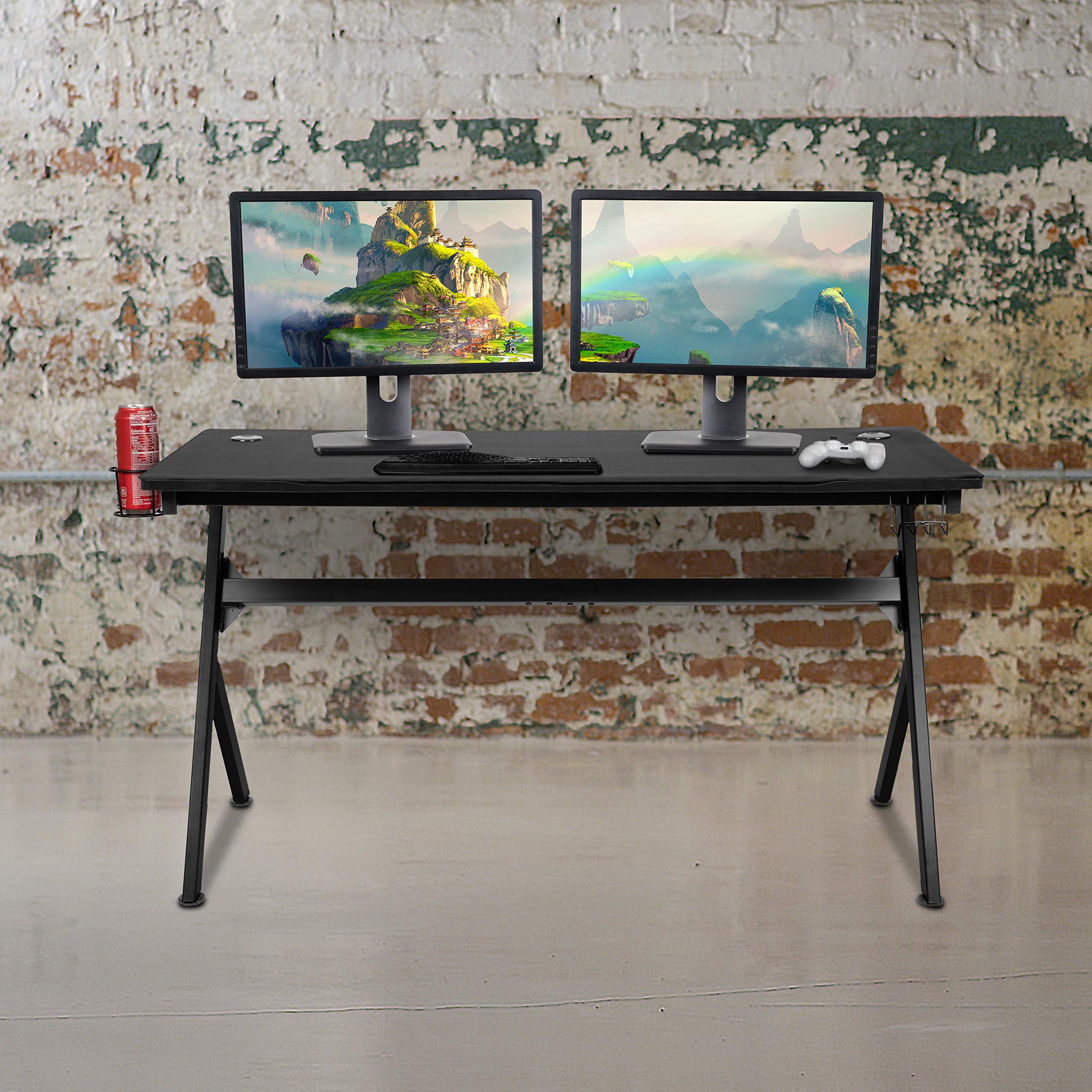 EMMA & OLIVER 55 Inch Black Gaming Computer Desk with Headphone Hook, Cable Management System & Mouse Pad - Perfect for Home Office, Gaming Setup and Workstation Organization