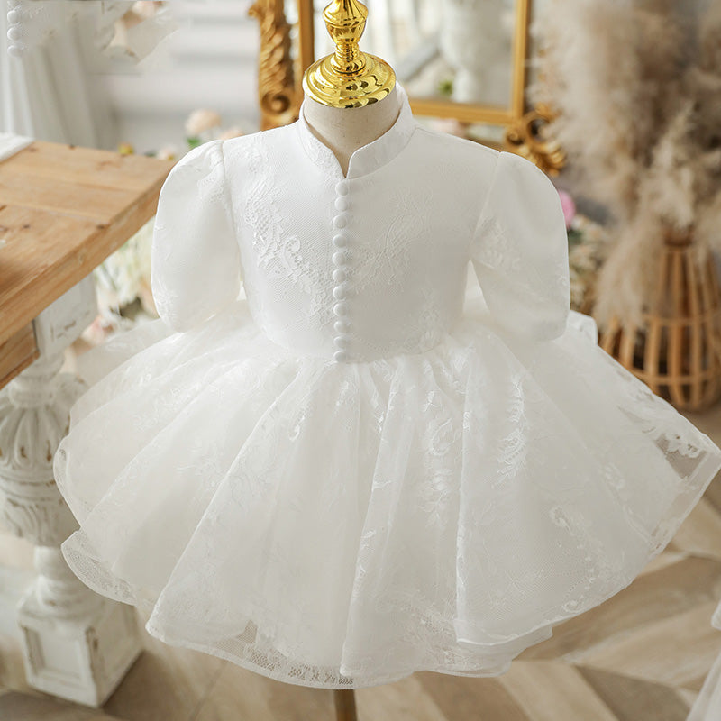 White Lace Christening Dress for Baby Girls with Back Bow - Fluffy Princess Gown for Summer Baptism, Photo Shoots & Special Occasions