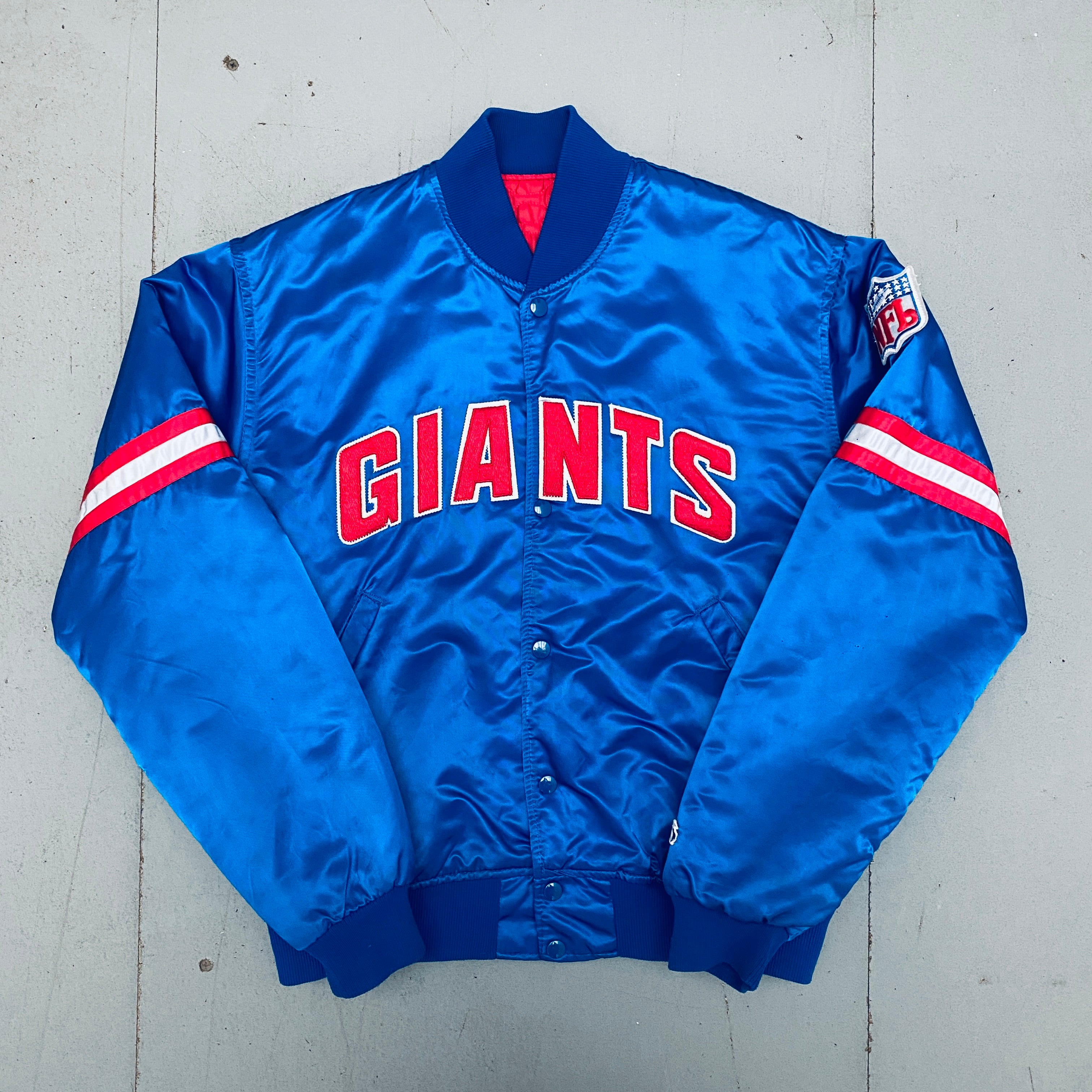 Vintage 1980s New York Giants Satin Starter Bomber Jacket - Large Size | Retro NFL Football Fan Apparel for Men | Perfect for Game Day, Tailgating & 90s Throwback Fashion