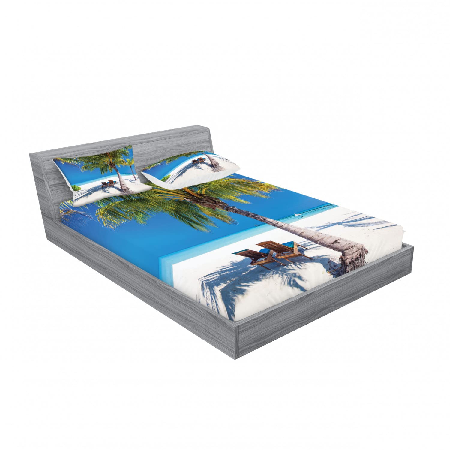 Ambesonne Tropical 2-Piece Queen Fitted Sheet Set with 4 Pillow Shams - Island Palms Sunbeds Design in Green Blue White - Soft Bedding Decor for Beach House, Guest Room & Vacation Home