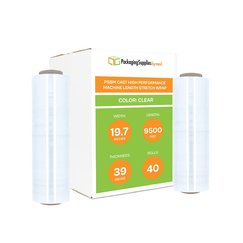 PSBM Machine Stretch Wrap - 40 Pack, 19.7 Inch x 9500 Feet, 39 Gauge Ultra High Performance Pallet Wrap for Industrial Shipping & Warehouse Packaging