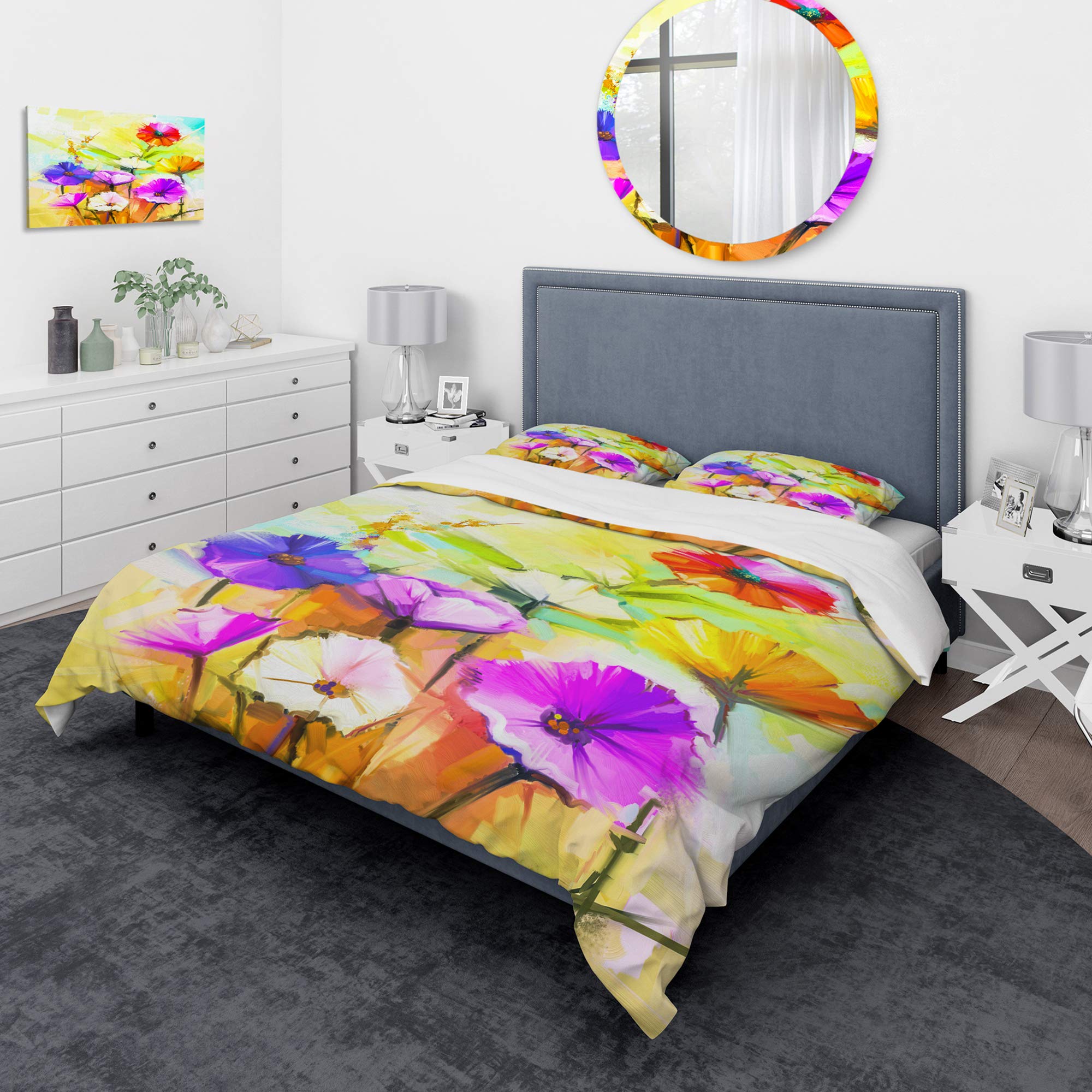 DesignQ Yellow Gerbera Flowers Painting Nautical Duvet Cover Set King - 3 Piece Floral Bedding Set for Coastal Decor | All Season Comfort for Master Bedroom & Guest Room