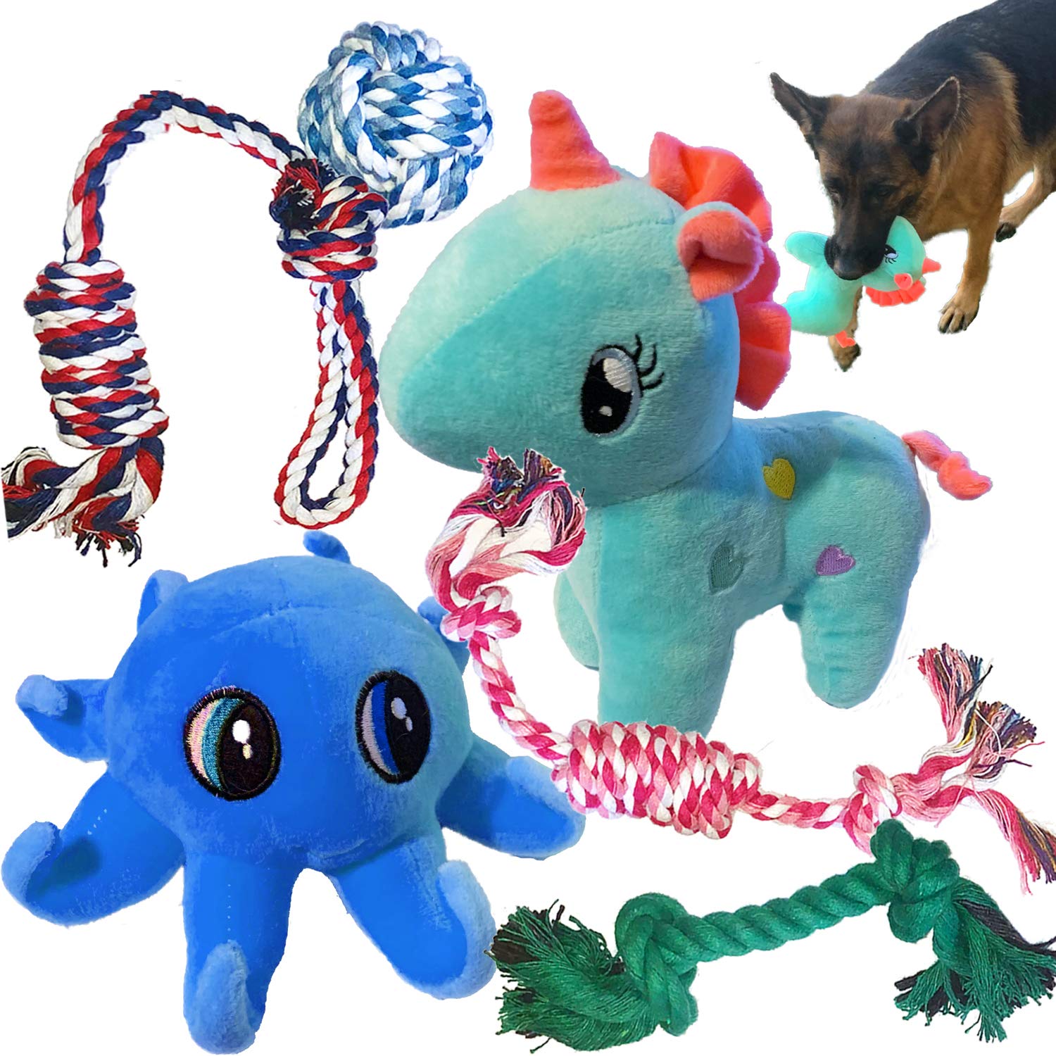**Jalousie Dog Plush & Rope Toy Combo - Squeaky Chew Toys for Small & Medium Dogs - Perfect for Playtime, Training & Teething Puppies**