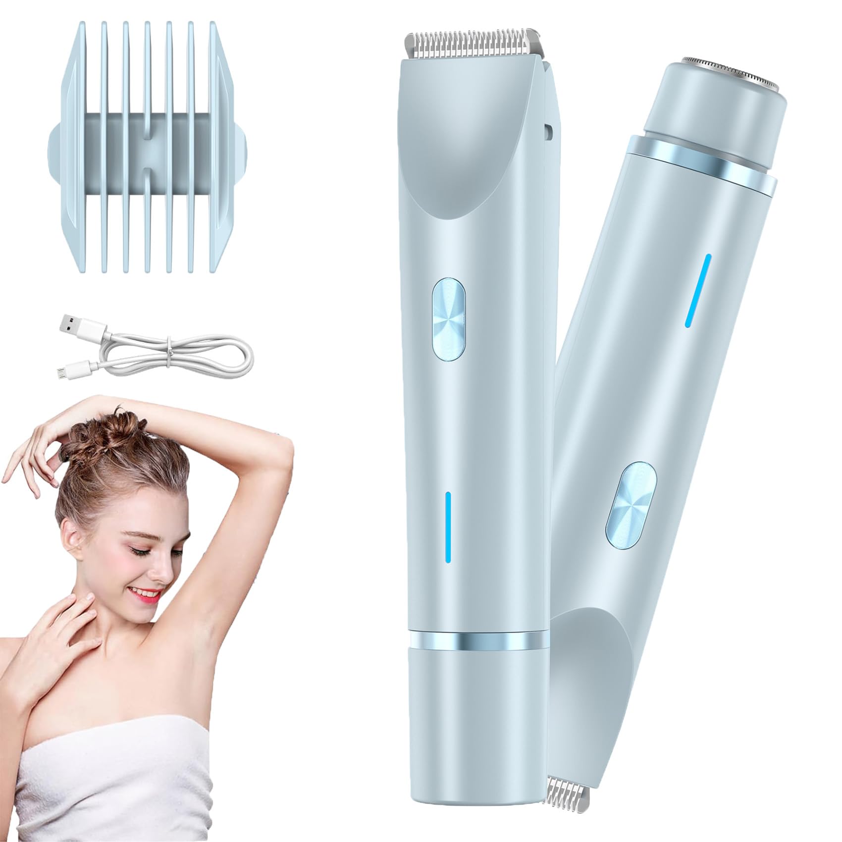 Ezme Trimmie 2.0 Women's 2-in-1 Electric Razor & Bikini Trimmer - Blue | Painless Hair Removal for Legs, Underarms & Sensitive Areas | Waterproof Shaver for Shower & Travel Use