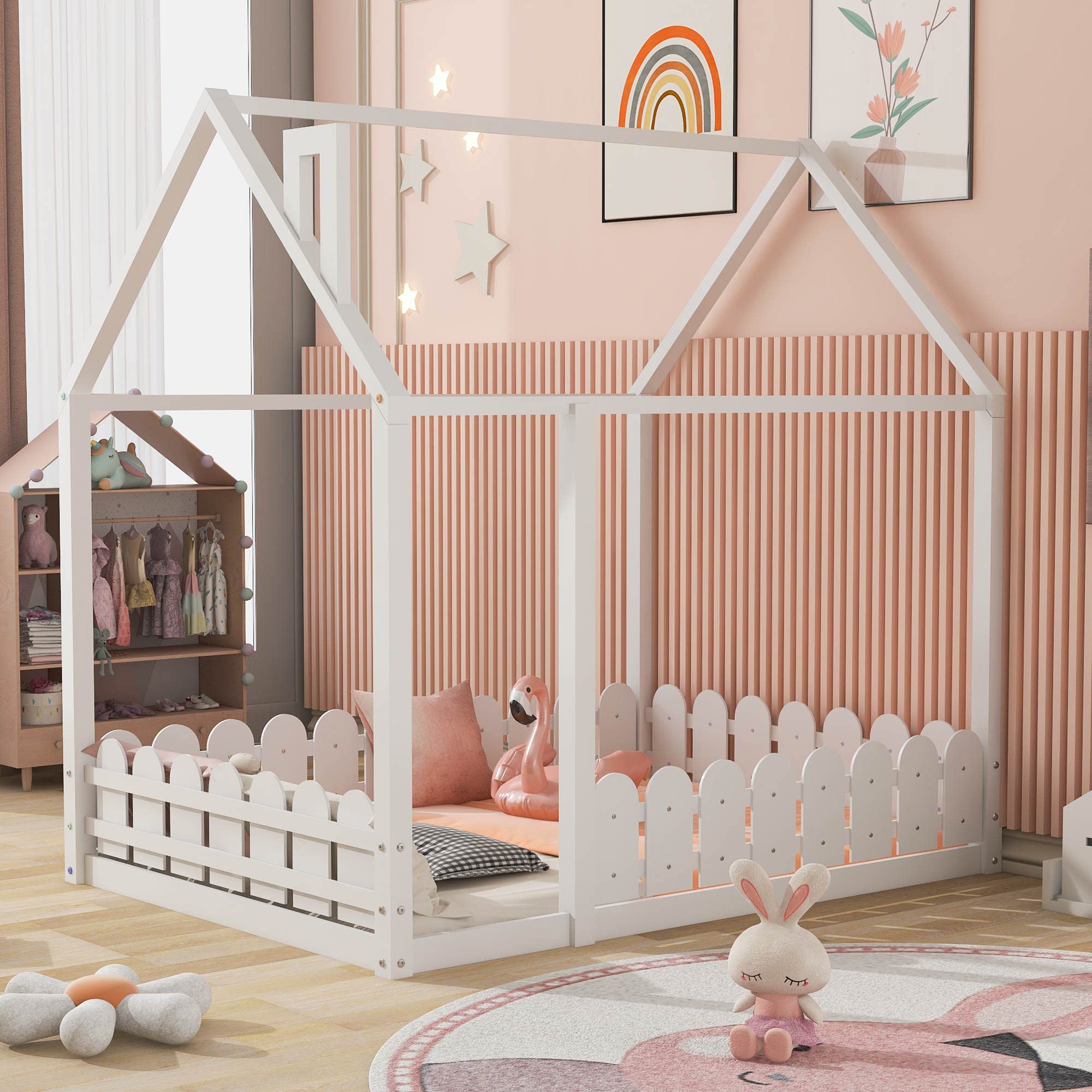 P PURLOVE Solid Wood House Bed Frame with Fence-Style Guardrails - Twin/Full Size Kids Bed for Boys & Girls (Slats Not Included, White) - Perfect for Nursery, Kids Room & Playroom Decor