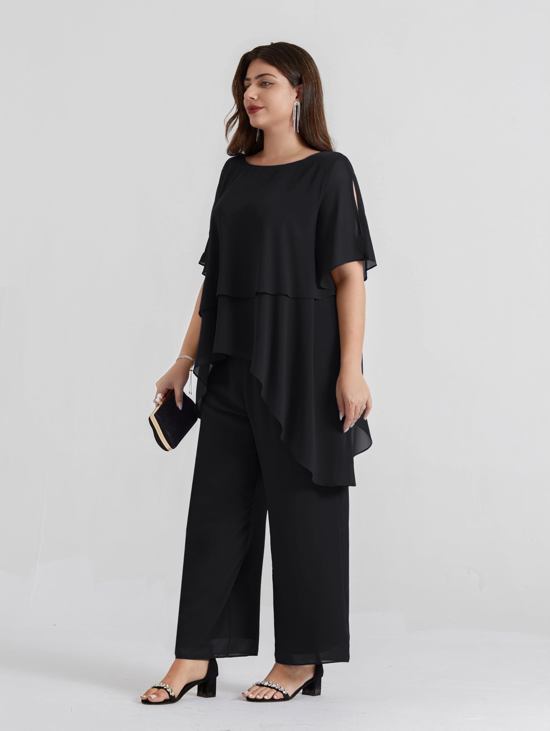 Hanna Nikole 2025 Plus Size Mother of The Bride Pant Suit 2-Piece Chiffon Set with Ruffle Asymmetric Layers - Elegant Wedding Guest Outfit for Formal Occasions, Rehearsal Dinners & Special Events