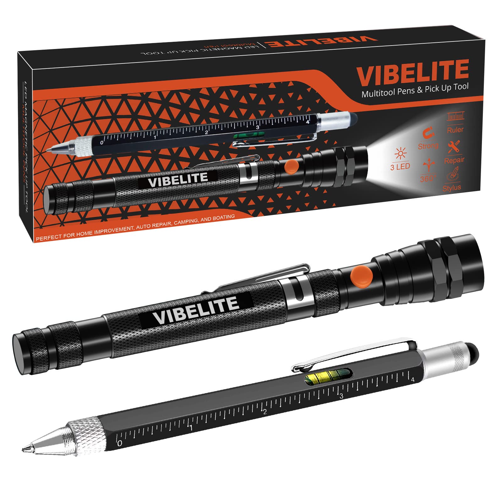 6-in-1 Magnetic Pickup Tool & Multitool Pen with Stylus - Includes Ruler, Bubble Level, Screwdrivers & Ballpoint Pen - Perfect Gift for Men, Husband, Boyfriend (2 Pack) - Great for DIY Projects, Office Work & Everyday Carry
