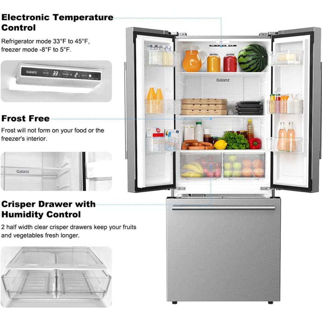 Galanz 28-Inch 16 Cu. Ft. 3-Door French Door Refrigerator with Ice Maker - Stainless Steel (GLR16FS2K16) - Perfect for Kitchens, Apartments & Small Spaces