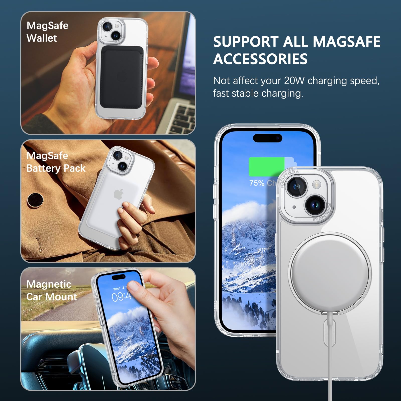 Magnetic iPhone 15 Case with 360° Rotatable Ring Stand - Shockproof Clear Cover for Work & Travel