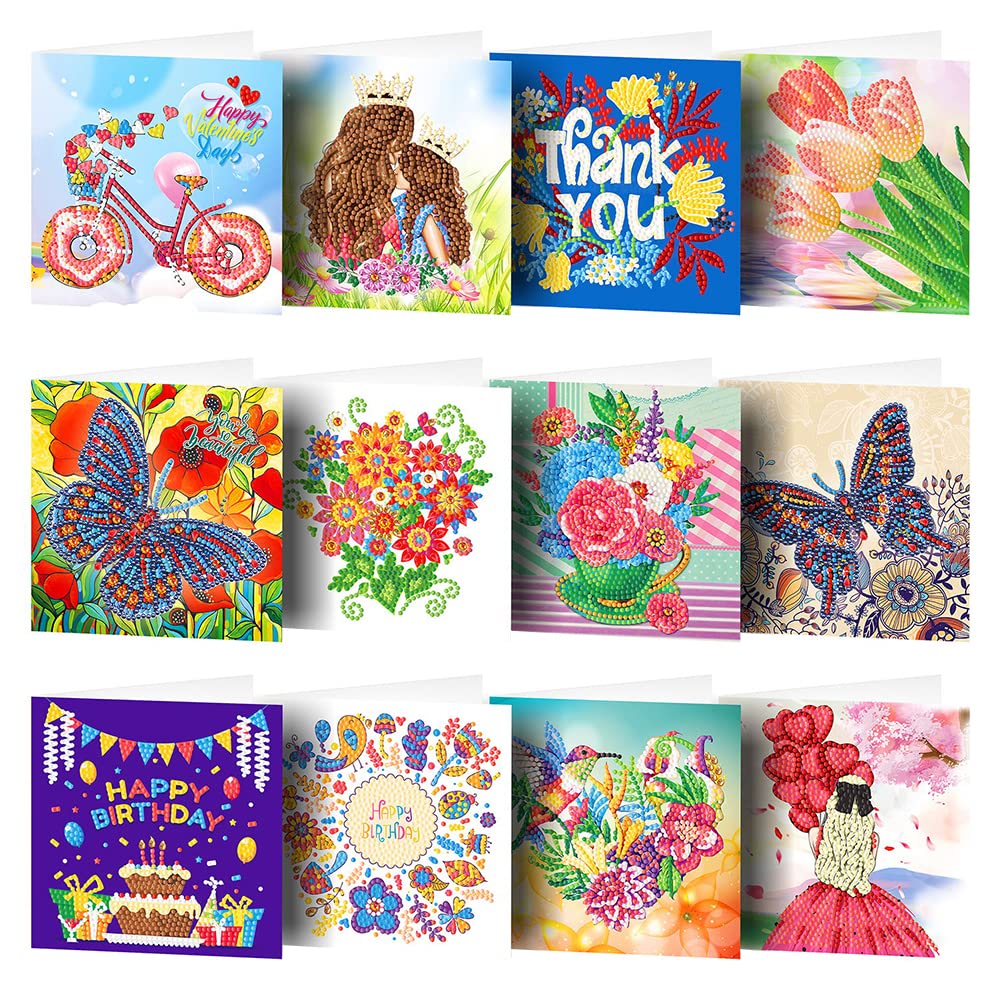 12pcs DIY Diamond Painting Birthday Cards - Handmade Mosaic Greeting Cards for Thank You, Birthday & Home Decor | Creative Gift Idea for Women, Men, Kids | Perfect for Parties, Anniversaries & Special Occasions