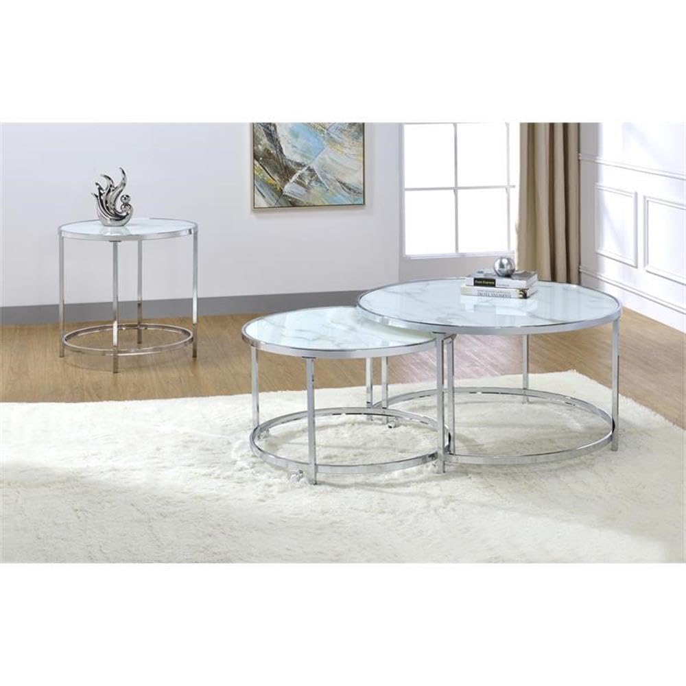 BOWERY HILL White Round Contemporary Metal End Table with Faux Marble Top - Perfect for Living Room, Bedroom, or Office Side Table