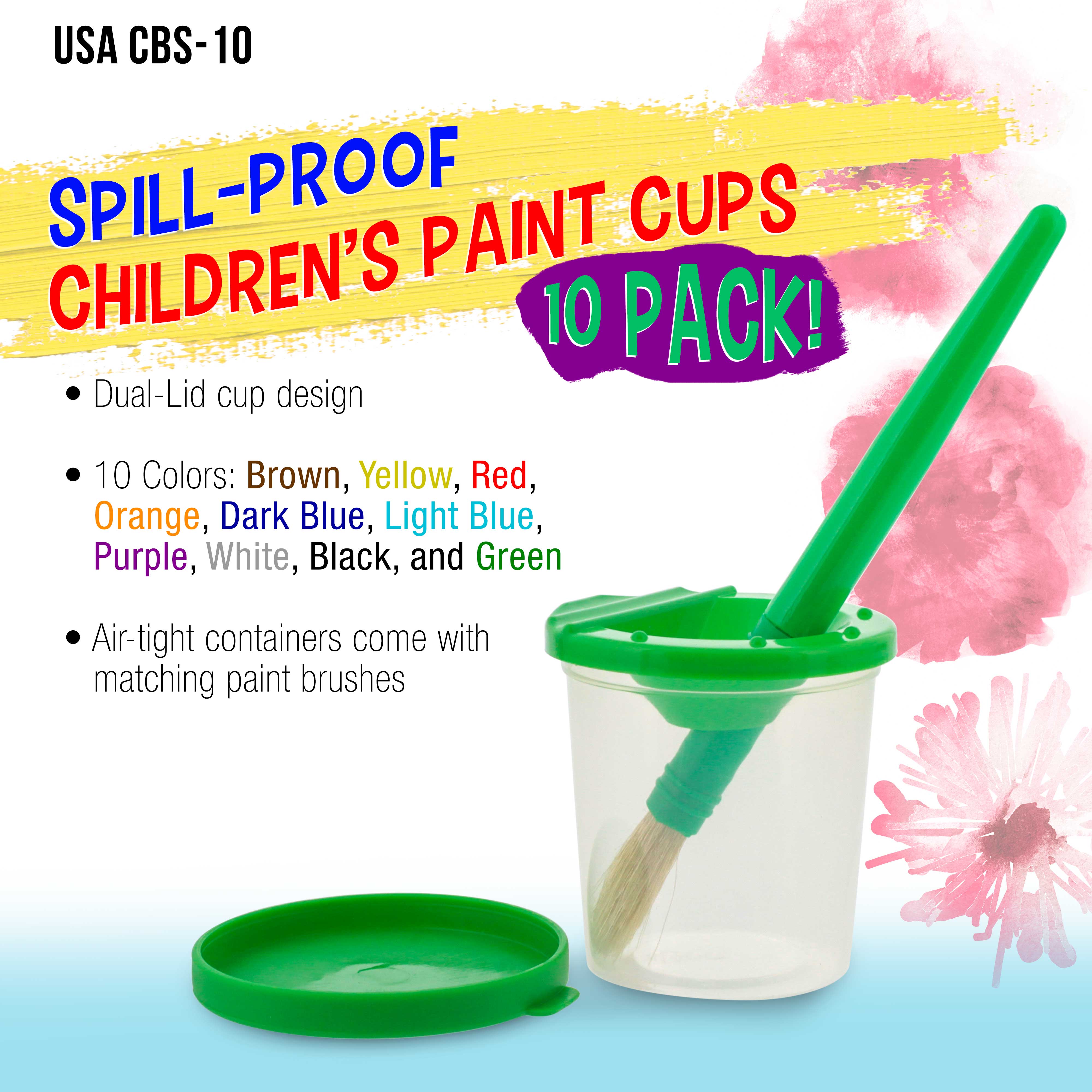 10-Piece No Spill Paint Cups with Colored Lids & 10-Piece Large Round Brush Set with Plastic Handles - Perfect for Kids Art Projects, Classroom Activities, and DIY Painting at Home
