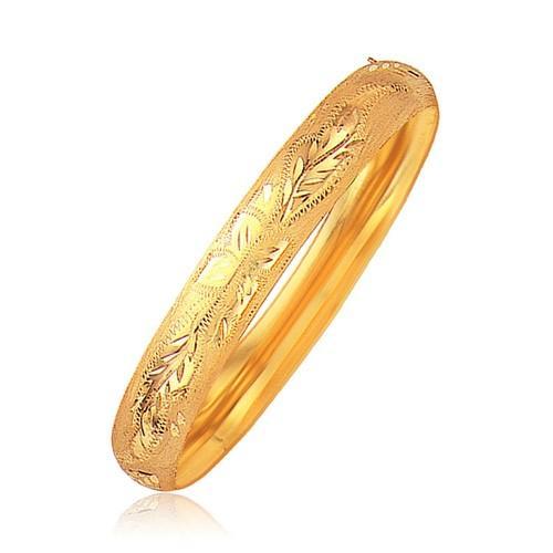 14K Yellow Gold Floral Carved Bangle Bracelet - 10.0mm Wide, Size 8