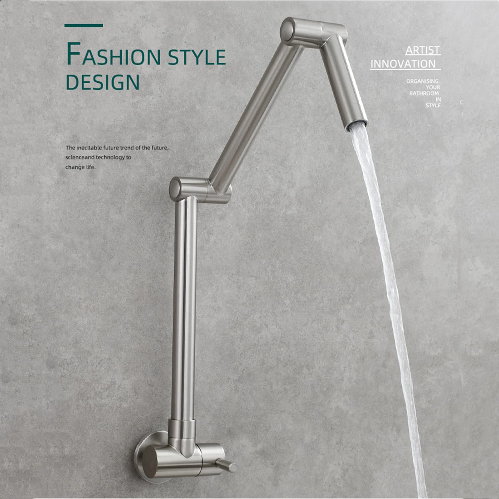 Commercial Brass Pot Filler Faucet - Single Cold Water Wall Mount Kitchen Sink Tap with Folding Stretchable Double Joint Swing Arms, Single Hole Single Handle, Brushed Nickel Finish - Ideal for Restaurant, Catering & Home Chef Cooking Stations