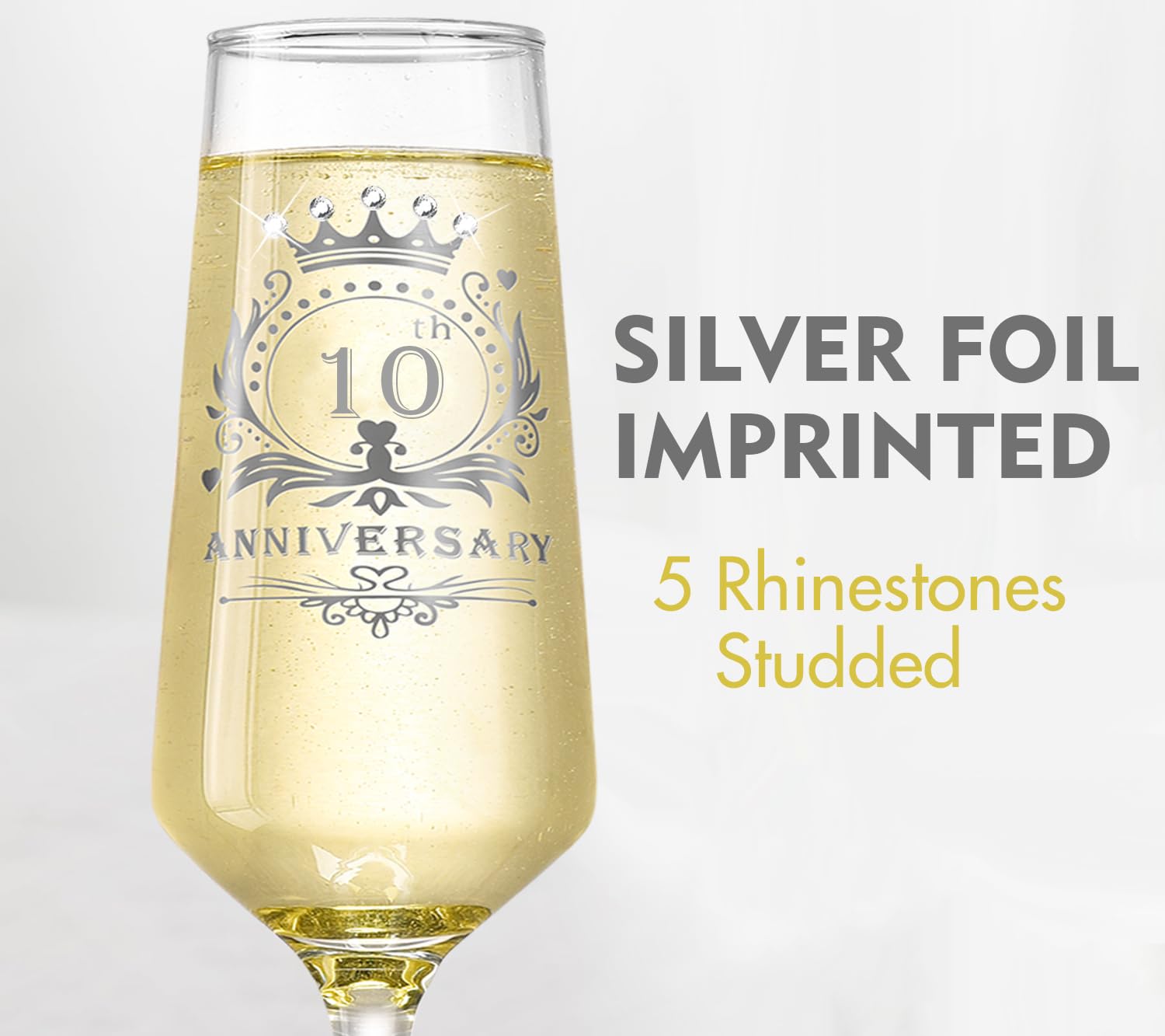 ROXBURGH 10th Wedding Anniversary Champagne Flutes Set of 2 - 7 OZ Crystal Glasses for Couples, Romantic Gifts & Anniversary Decorations - Perfect for Toasting, Wedding Celebrations & Romantic Dinners