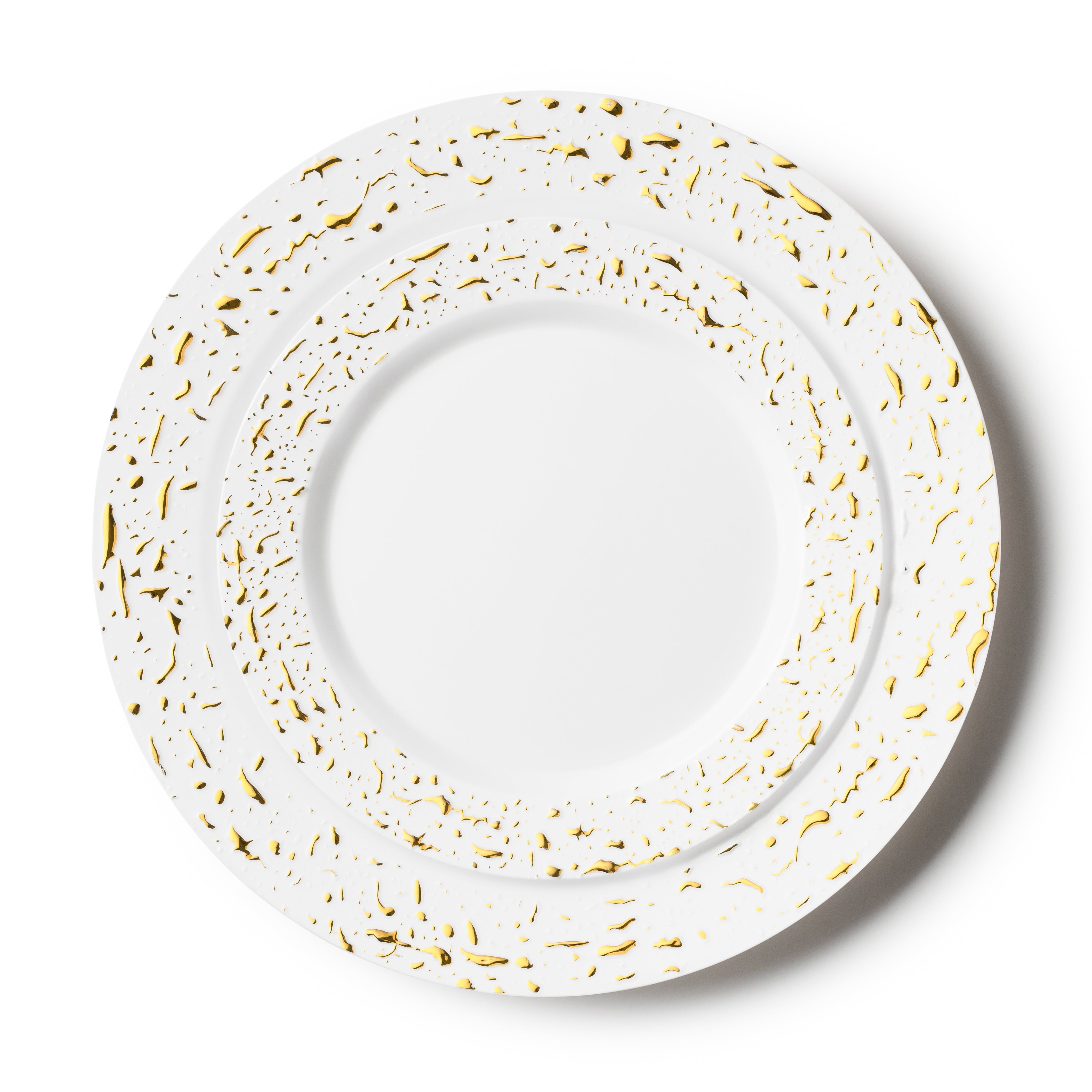 32-Pack White and Gold Round Plastic Dinnerware Set for 16 Guests - Elegant Pebbled Design - Perfect for Weddings, Parties, and Outdoor Events