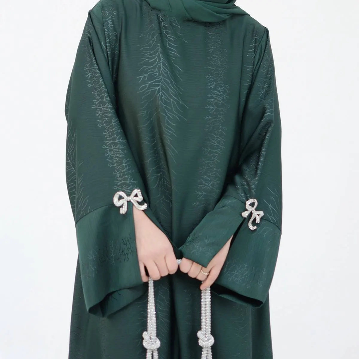 Elegant Jacquard Satin Bow Abaya Dress #25006 - Modest Muslim Women's Prayer Dress for Special Occasions & Daily Wear