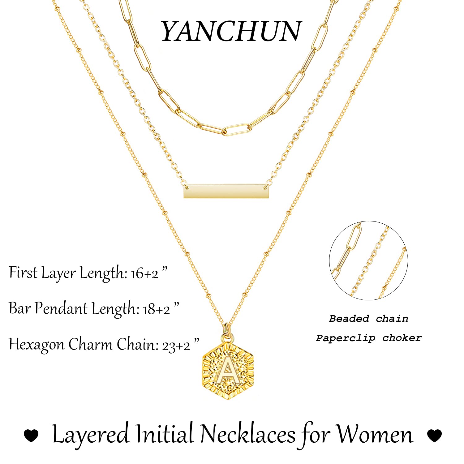 YANCHUN 14K Gold Plated Initial Necklace for Women - Layered Paperclip Link Chain Pendant Jewelry - Perfect for Birthday, Anniversary Gifts & Everyday Wear