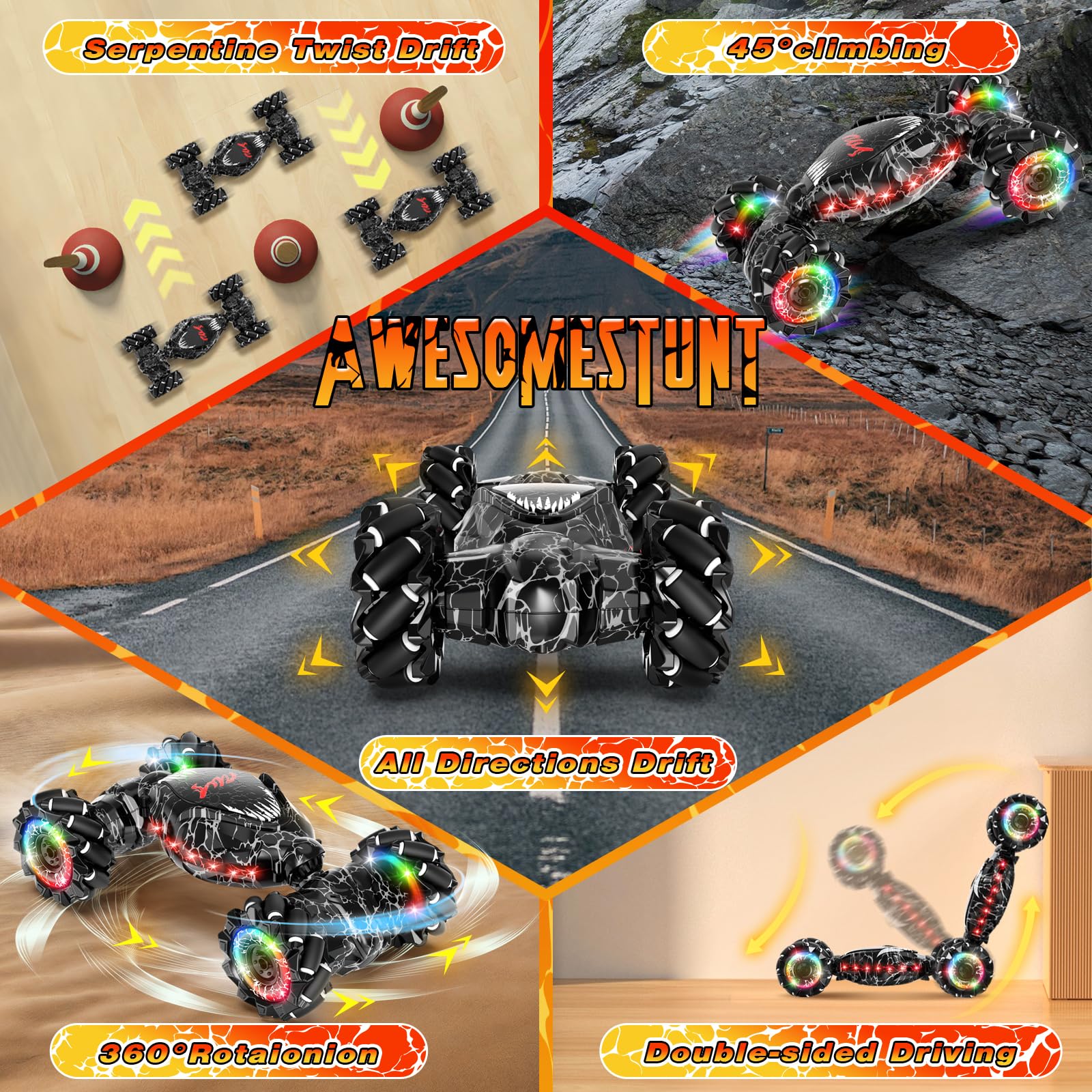 RC Stunt Car 2.4GHz Remote Control, LED Gesture Sensing & 4WD Double Sided Off-Road Drift Car with Lights & Music - All Terrain Rotating Toy for Boys Girls Kids Birthday Christmas Gifts (Black)