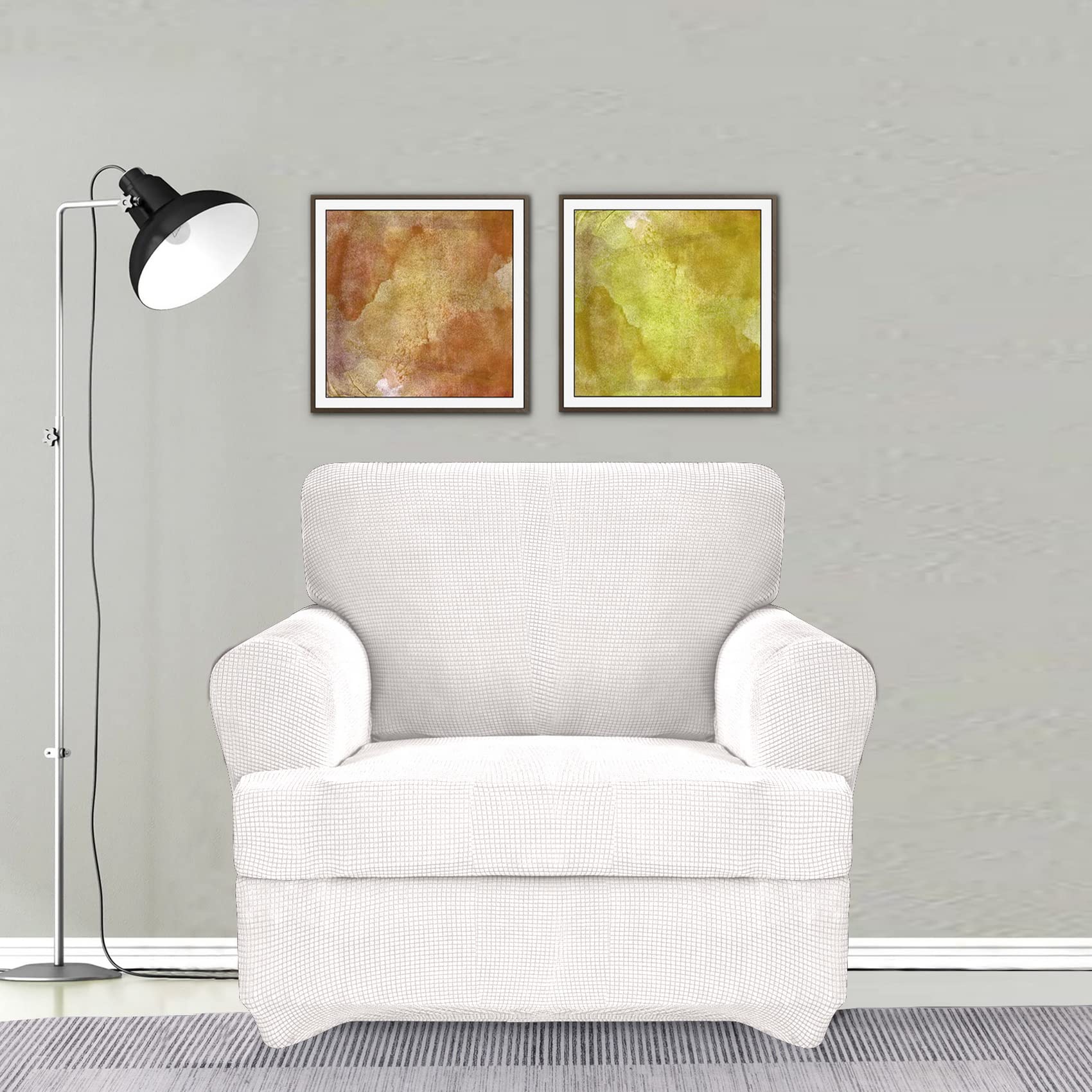 2-Piece Stretch Sofa Covers for T-Cushion Chairs - Furniture Protector Slipcovers with 1 Extra T-Cushion Cover (Nature White) - Perfect for Living Room, Office & Home Decor Protection