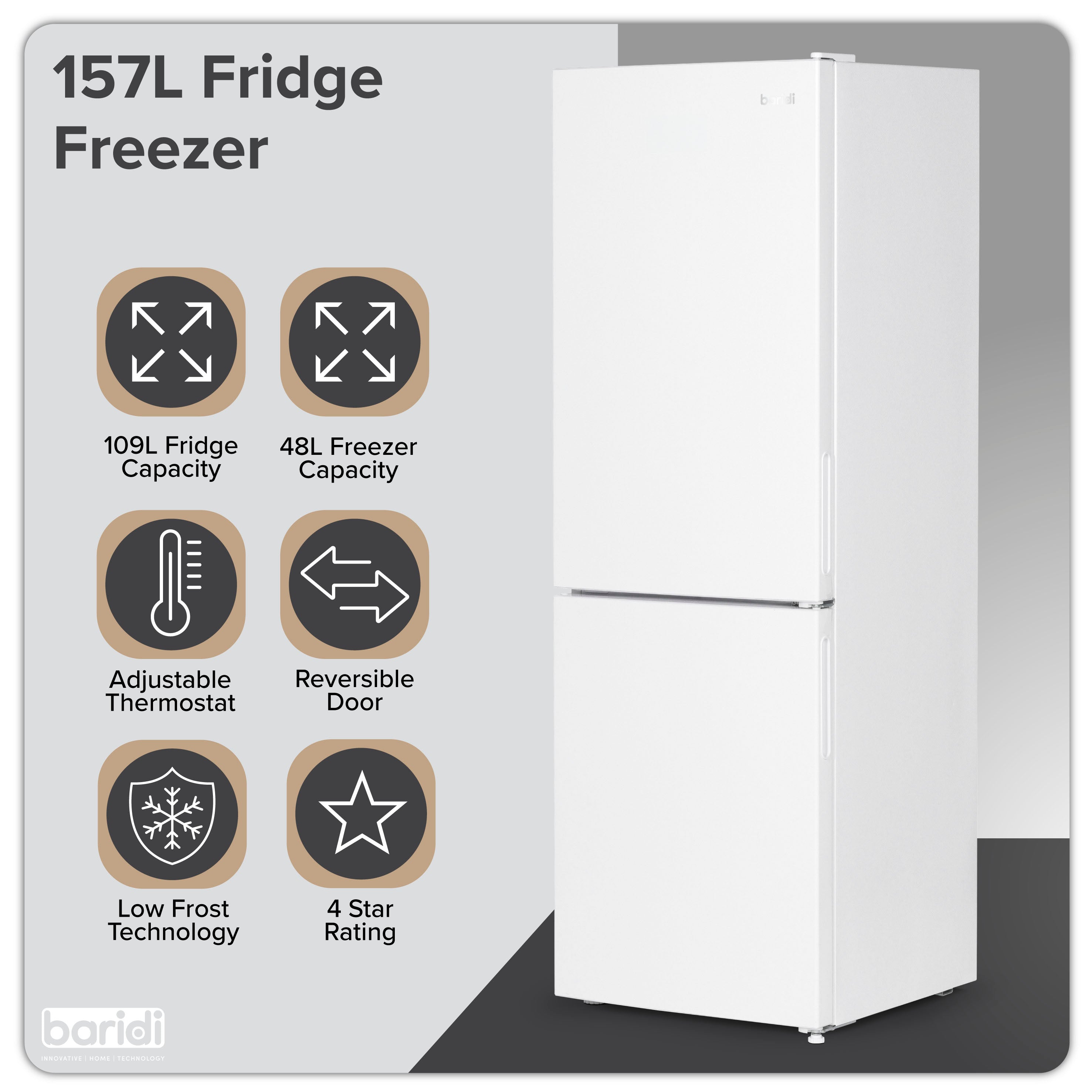 Baridi 47cm 70/30 Fridge Freezer with Adjustable Thermostat, 157L Capacity - Energy Efficient Compact Refrigerator for Home, Office, Dorm, or Apartment - White (Model DH252)