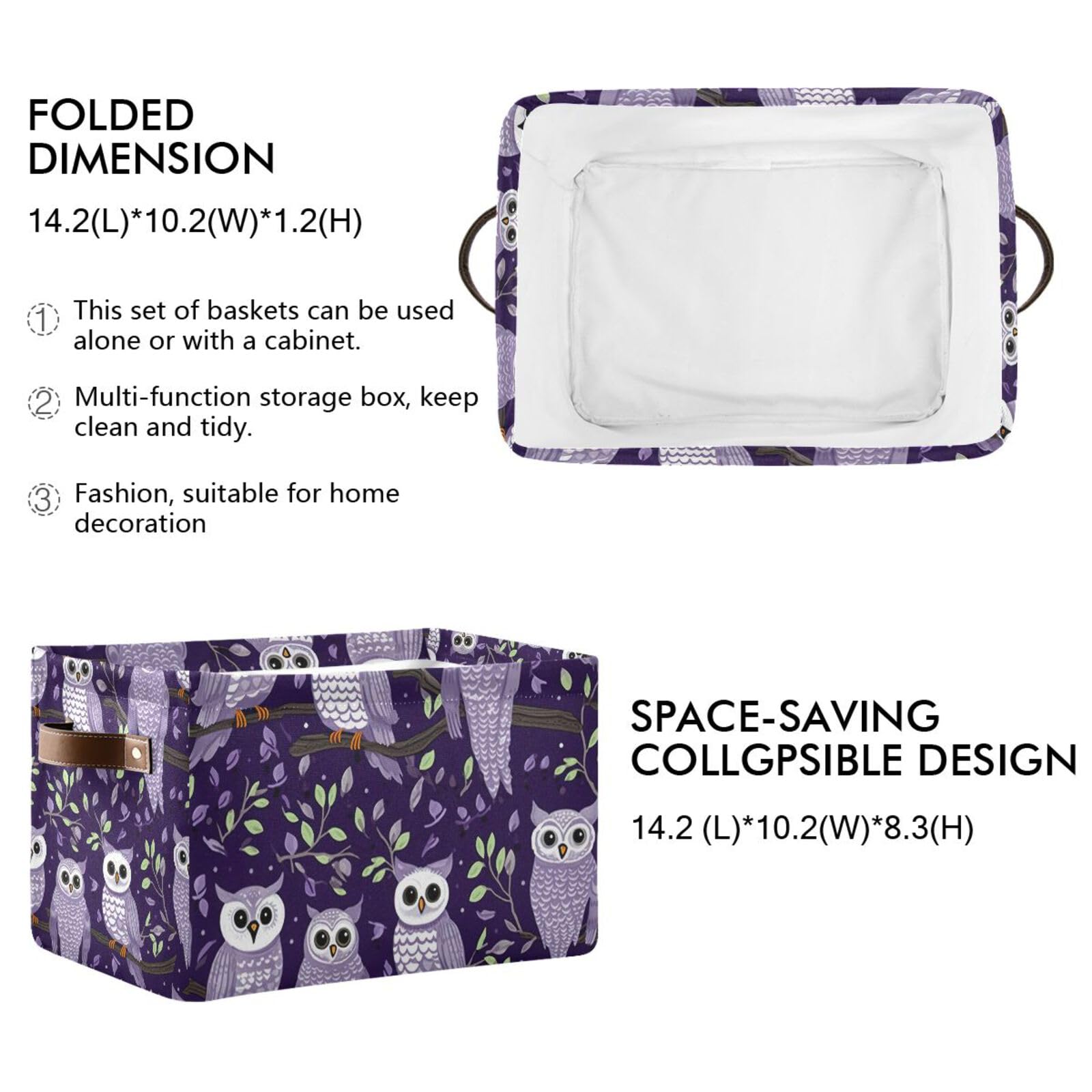 Foldable Canvas Storage Baskets with Handles - 2 Pack Rectangle Fabric Organizer Box for Home, Office & Closet - Perfect for Clothes, Toys & Home Decor Organization | Space-Saving Owl Design